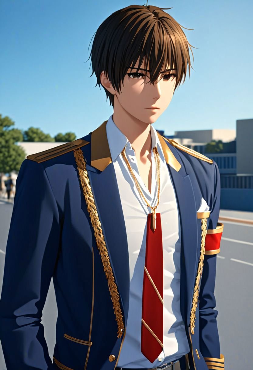 photorealistic, (4k), extremely detailed, hyper detailed, high resolution, professional photography, best quality, 1boy, solo, male focus, easynegative, outdoor, 3/4 body, casual, Negative prompt, seiya kanie, necklace, white dress shirt under a dark blue jacket with golden accents, gold aiguillettes worn on the right shoulder, a red tie, gray pants, and a red armband on it around his left arm. 