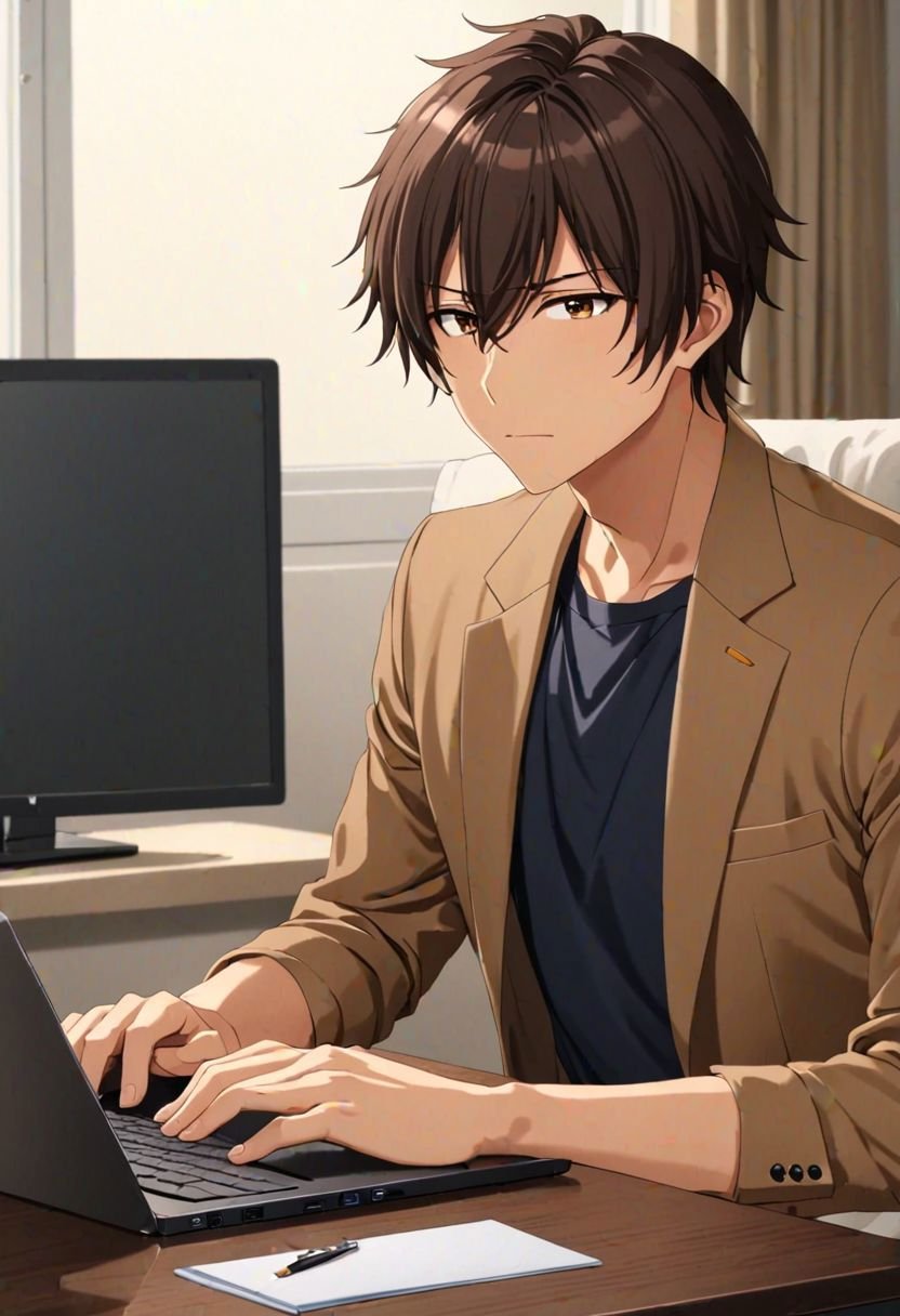 Seiya Kanie, masterpiece, best quality, 1boy, solo, male focus, High definition, Dark Brown hair, 4K, work front laptop