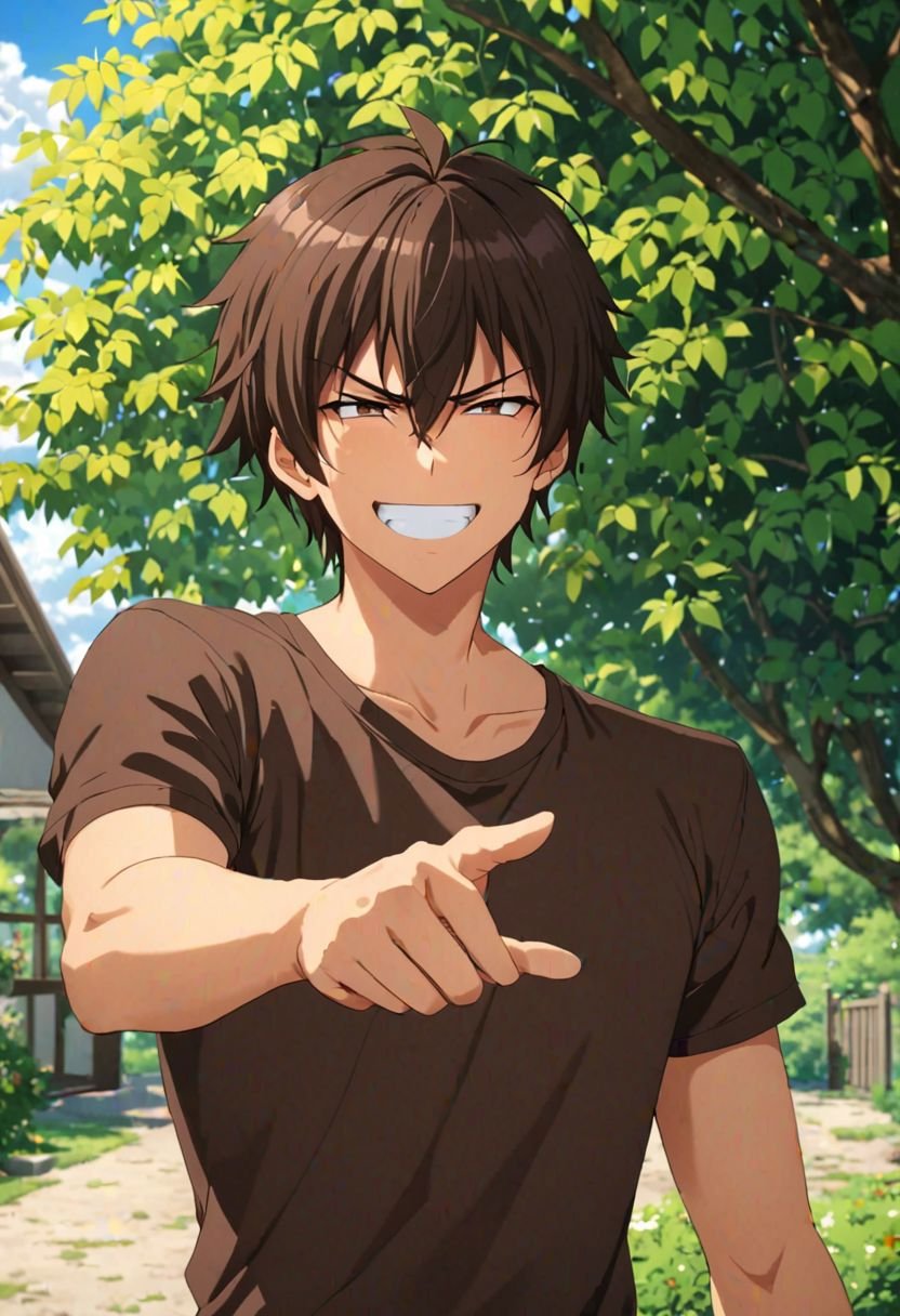 Seiya Kanie, masterpiece, best quality, (1boy), solo, male focus, High definition, Dark Brown hair, 4K, Angry, Smile, outdoors