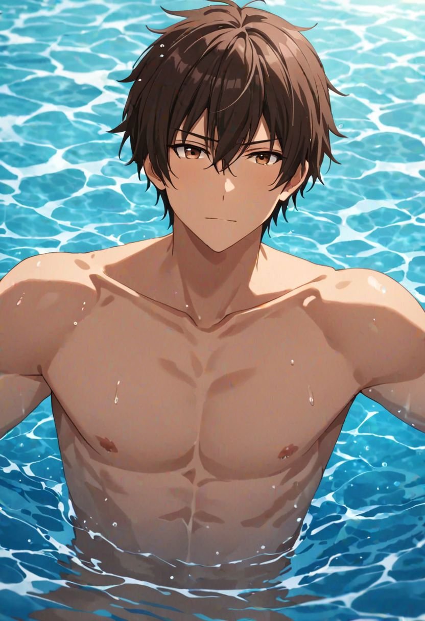 Seiya Kanie, masterpiece, best quality, (1boy), solo, male focus, High definition, Dark Brown hair, 4K, shirtless, swimming