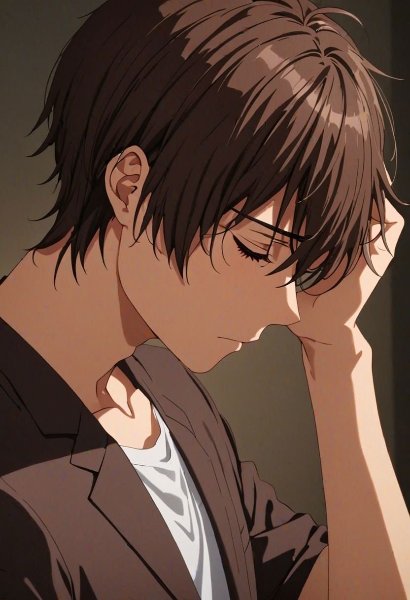 Seiya Kanie, masterpiece, best quality, (1boy), solo, male focus, High definition, Dark Brown hair, 4K, sad, looking down