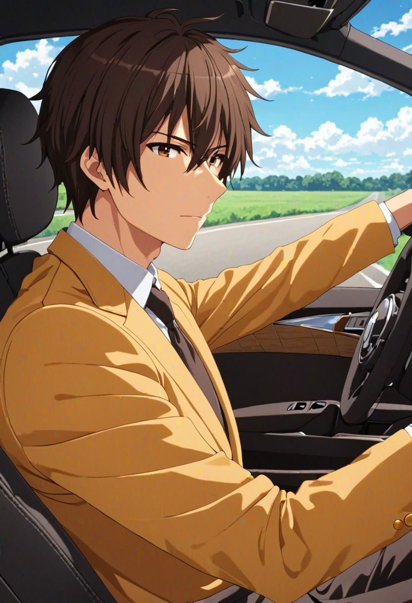 Seiya Kanie, masterpiece, best quality, 1boy, solo, male focus, High definition, Dark Brown hair, 4K, driving a car