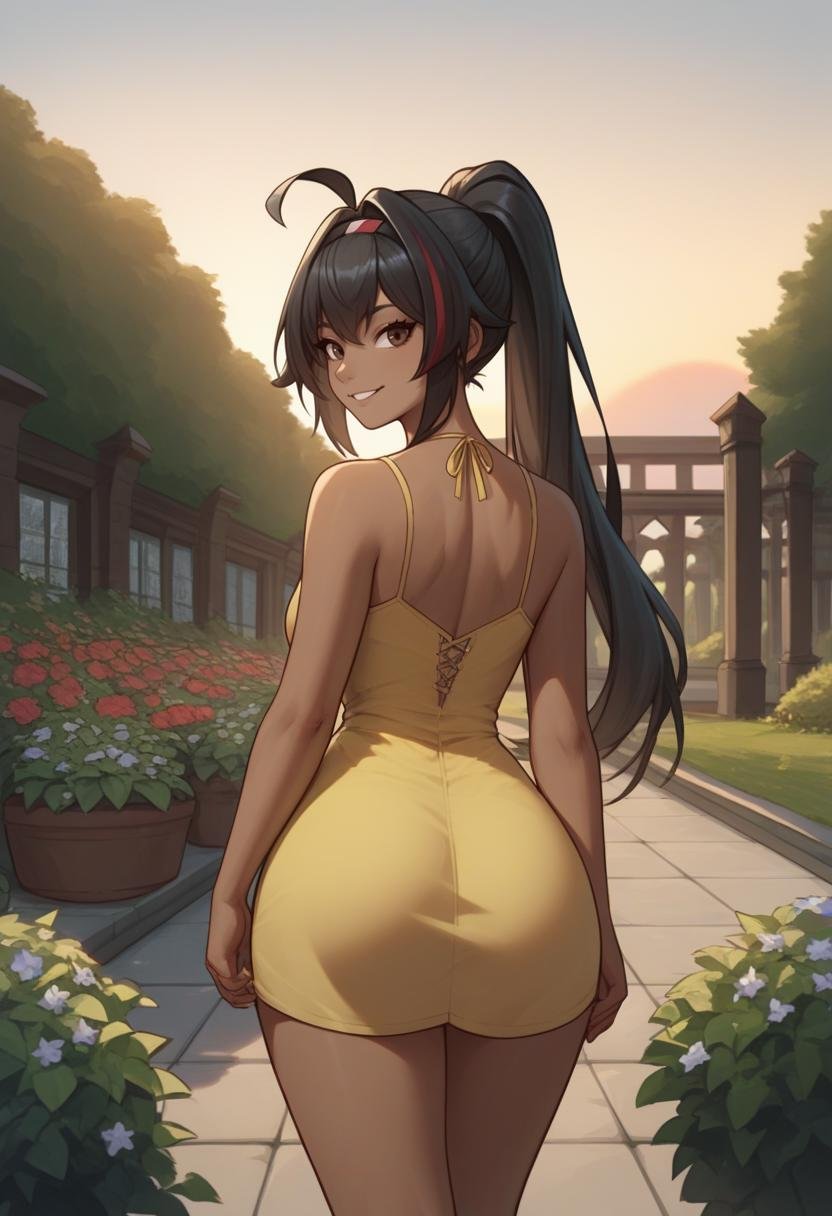 score_9, score_8_up, score_7_up, source_anime BREAK 1girl, solo, standing, <lora:bay-nikke-richy-v1_pdxl:1> nikkebay, dark skin, brown eyes, black hair, ahoge, streaked hair, long hair, ponytail, hairband, hair intakes, yellow sundress, from behind, ass, looking at viewer, looking back, outdoors, garden, smile, sunset, wide hips, thighs