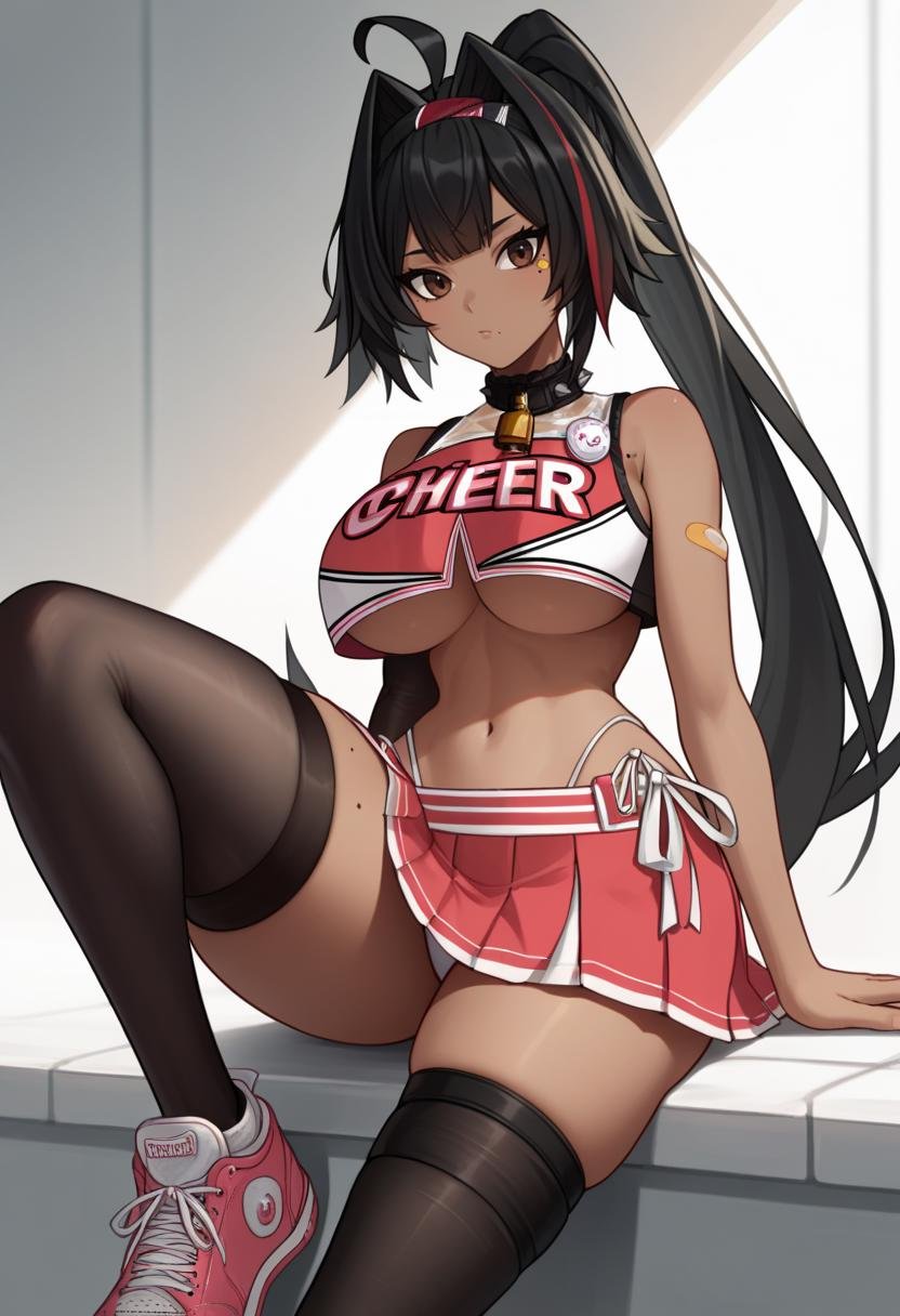 score_9, score_8_up, score_7_up, source_anime BREAK 1girl, solo, standing, <lora:bay-nikke-richy-v1_pdxl:1> nikkebay, dark skin, brown eyes, black hair, ahoge, streaked hair, long hair, ponytail, hairband, hair intakes, cheerleader, crop top, large breasts, underboob, midriff, navel, spiked collar, neck bell, bandaid, pleated skirt, side-tie panties, side slit, black thighhighs, asymmetrical legwear, thigh strap, mole, sneakers, sitting, long legs, wide hips, thick thighs, upskirt, white panties