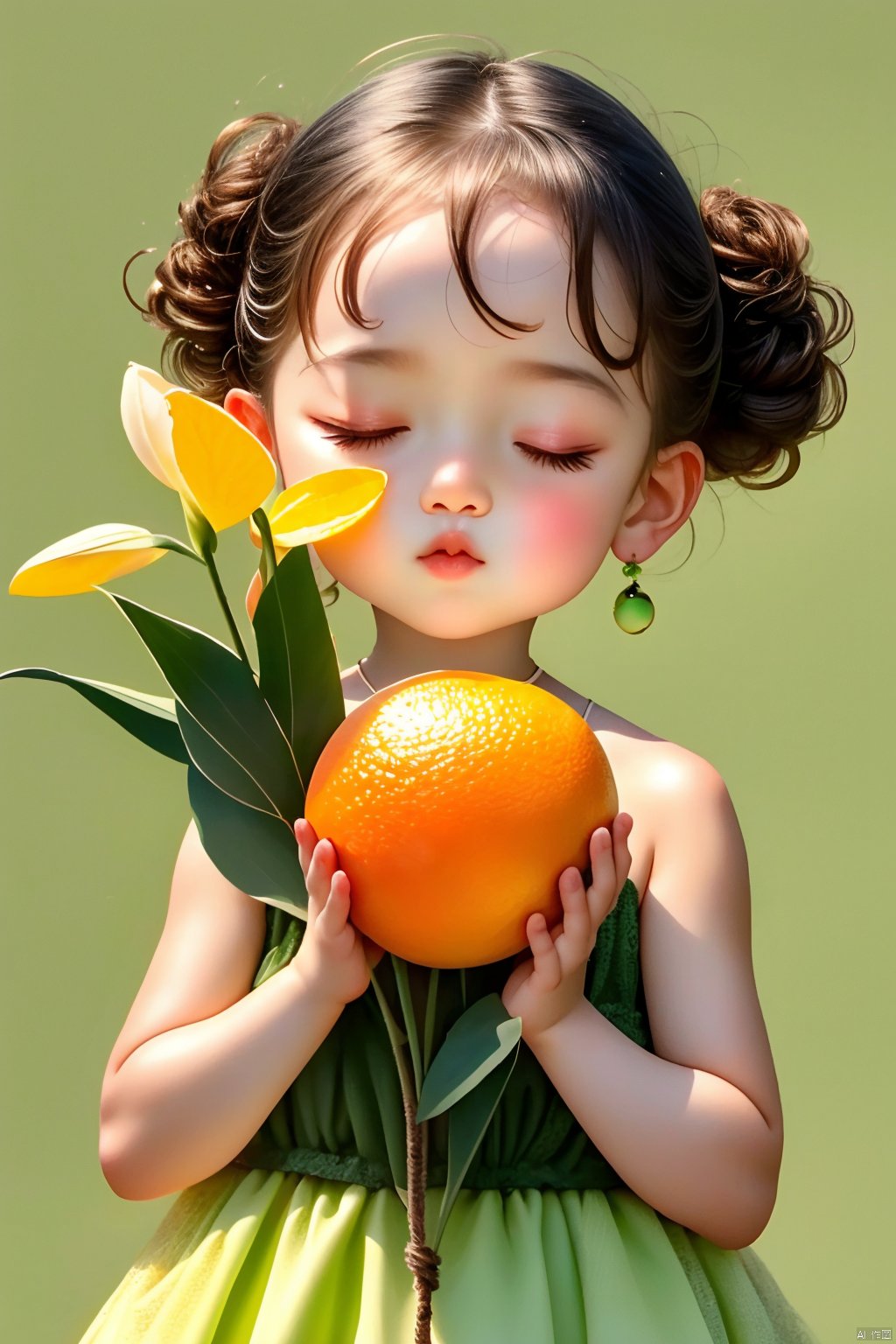 1girl, solo, bangs, black hair, dress, holding, bare shoulders, jewelry, closed mouth, closed eyes, upper body, flower, earrings, sleeveless, indoors, necklace, hair bun, eyelashes, double bun, sleeveless dress, own hands together in prayer, child,  Light green dress, facing viewer, pink flower, holding oranges, female child, Orange,green clean background