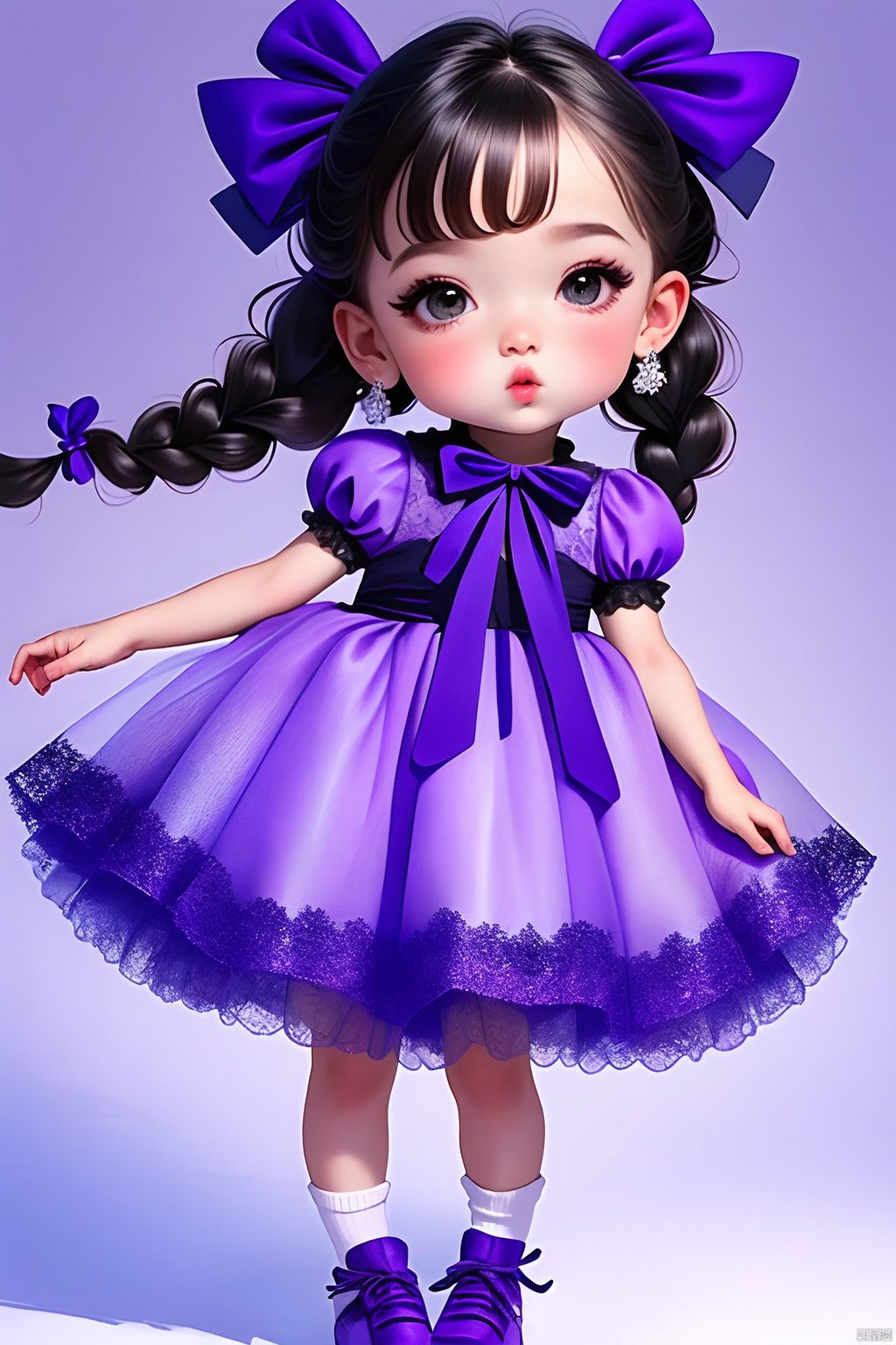 1girl, solo, long hair, looking at viewer, black hair, dress, bow, jewelry, full body, braid, short sleeves, hair bow, earrings, socks, puffy sleeves, black eyes, twin braids, puffy short sleeves, lips, gradient, pruple gradient background, frilled dress, child, purple dress, purple bow, female child, purple footwear