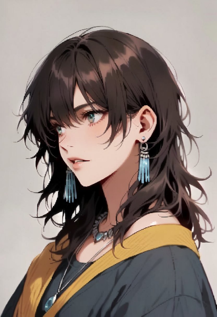 mullet hair, shullet, medium hair, a woman with a necklace and earrings on,mullet_hair