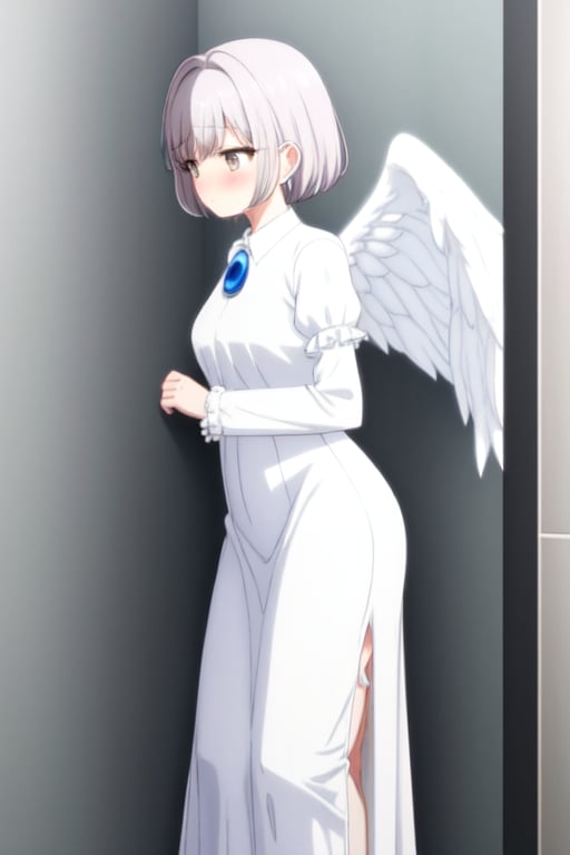 long white dress with ruffled sleeves and a blue brooch, angel wings