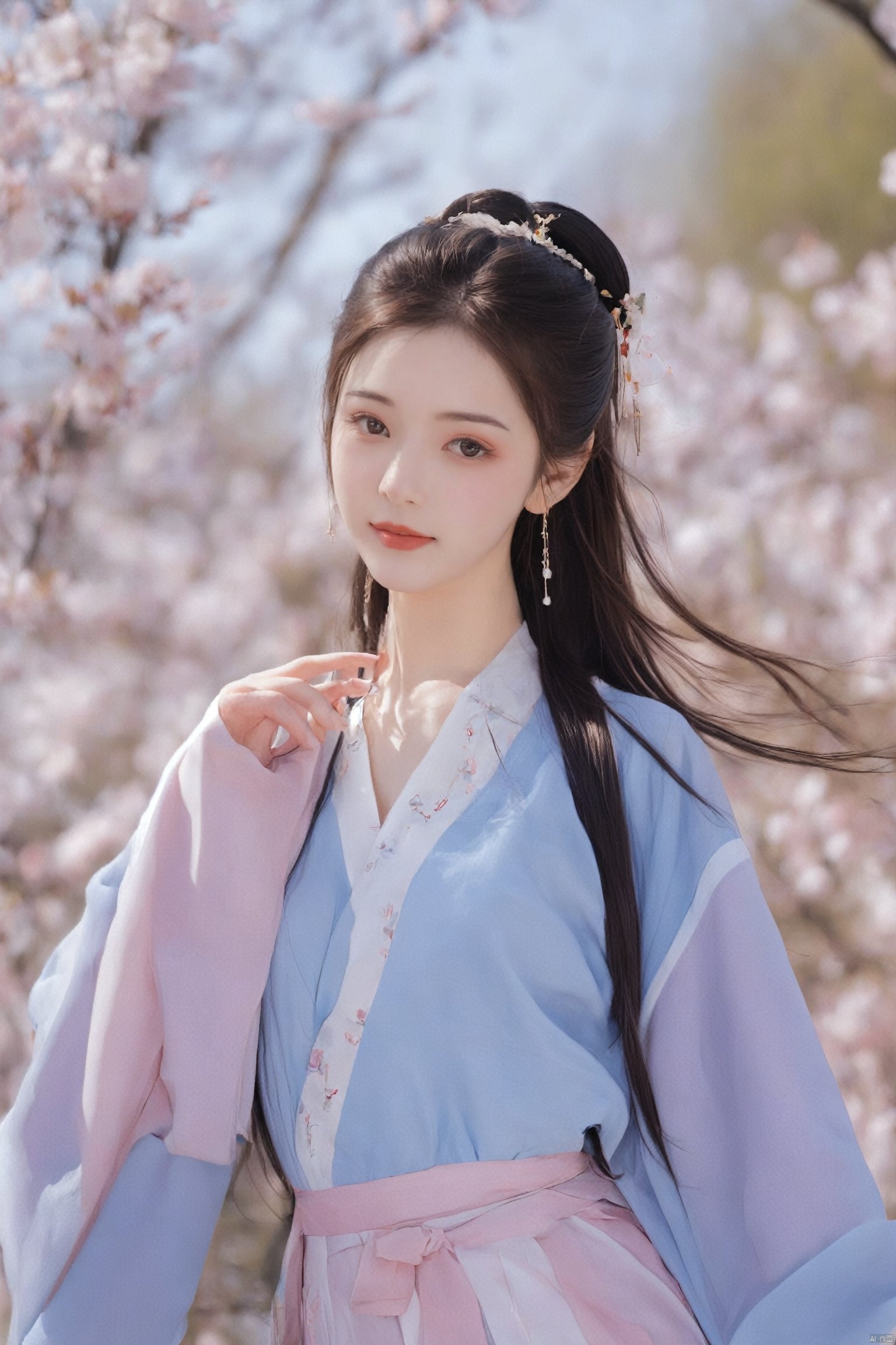  A girl,skirt,jewelry,long_hair,necklace,earrings,perfect body,standing,(large breasts:1.29),looking at viewer,chinese clothes,china dress,hanfu,cherry_blossoms,in spring,sunny,sunny,wind,cloud,bright,
, ming_hanfu, daxiushan, weijin_hanfu