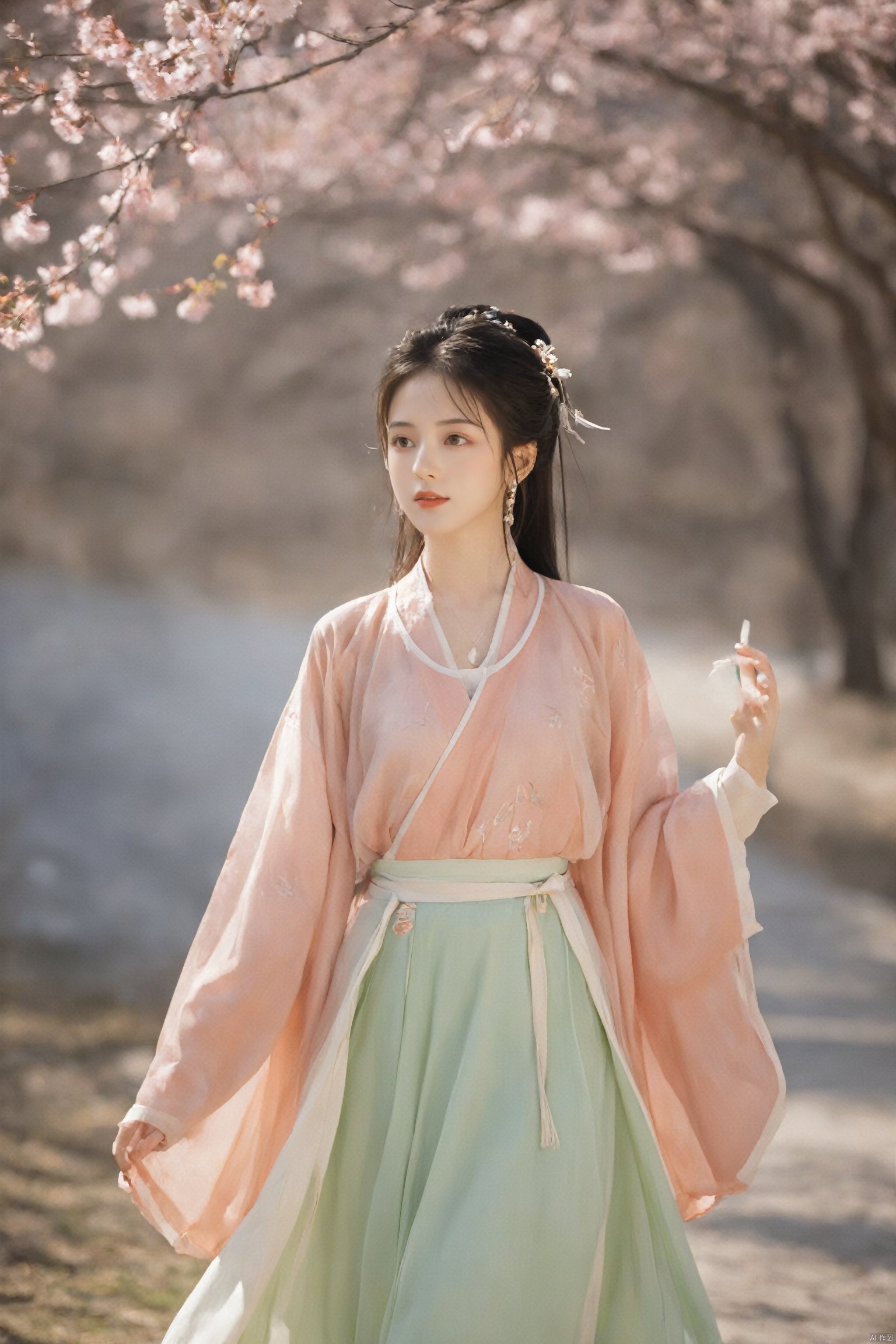  A girl,skirt,jewelry,long_hair,necklace,earrings,perfect body,standing,large breasts,looking at viewer,chinese clothes,china dress,hanfu,cherry_blossoms,in spring,sunny,sunny,wind,cloud,bright,
, ming_hanfu, daxiushan, weijin_hanfu