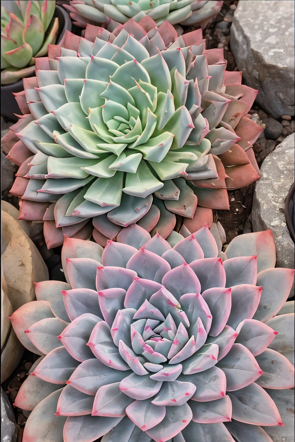 Succulent_Plants,succulent plants,pink-blue-red-purple-green theme,close-up, macro shot, outdoor