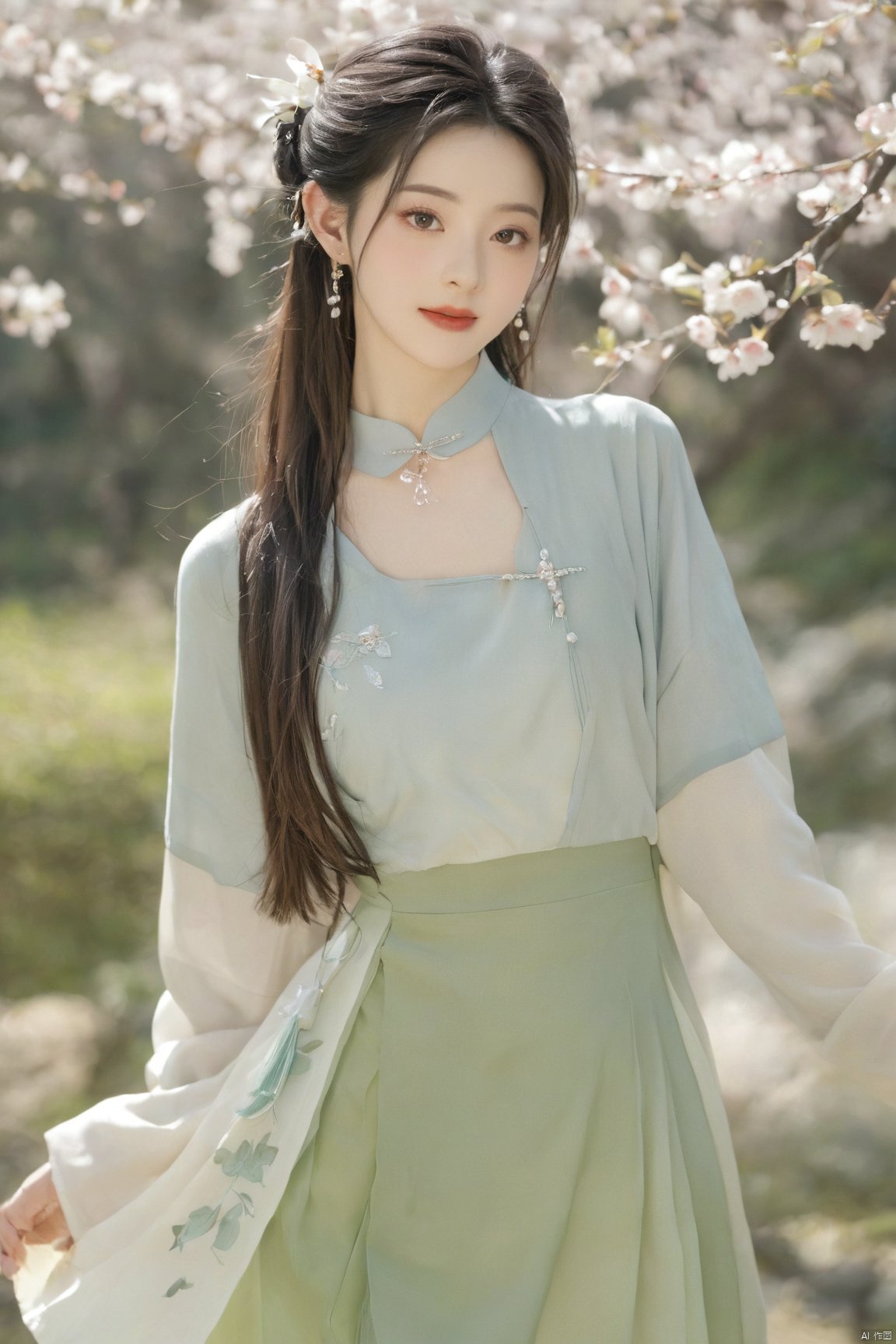  A girl,skirt,jewelry,long_hair,necklace,earrings,perfect body,standing,large breasts,looking at viewer,chinese clothes,china dress,hanfu,cherry_blossoms,in spring,sunny,sunny,wind,cloud,bright,
, ming_hanfu, daxiushan, New Chinese_Hanfu