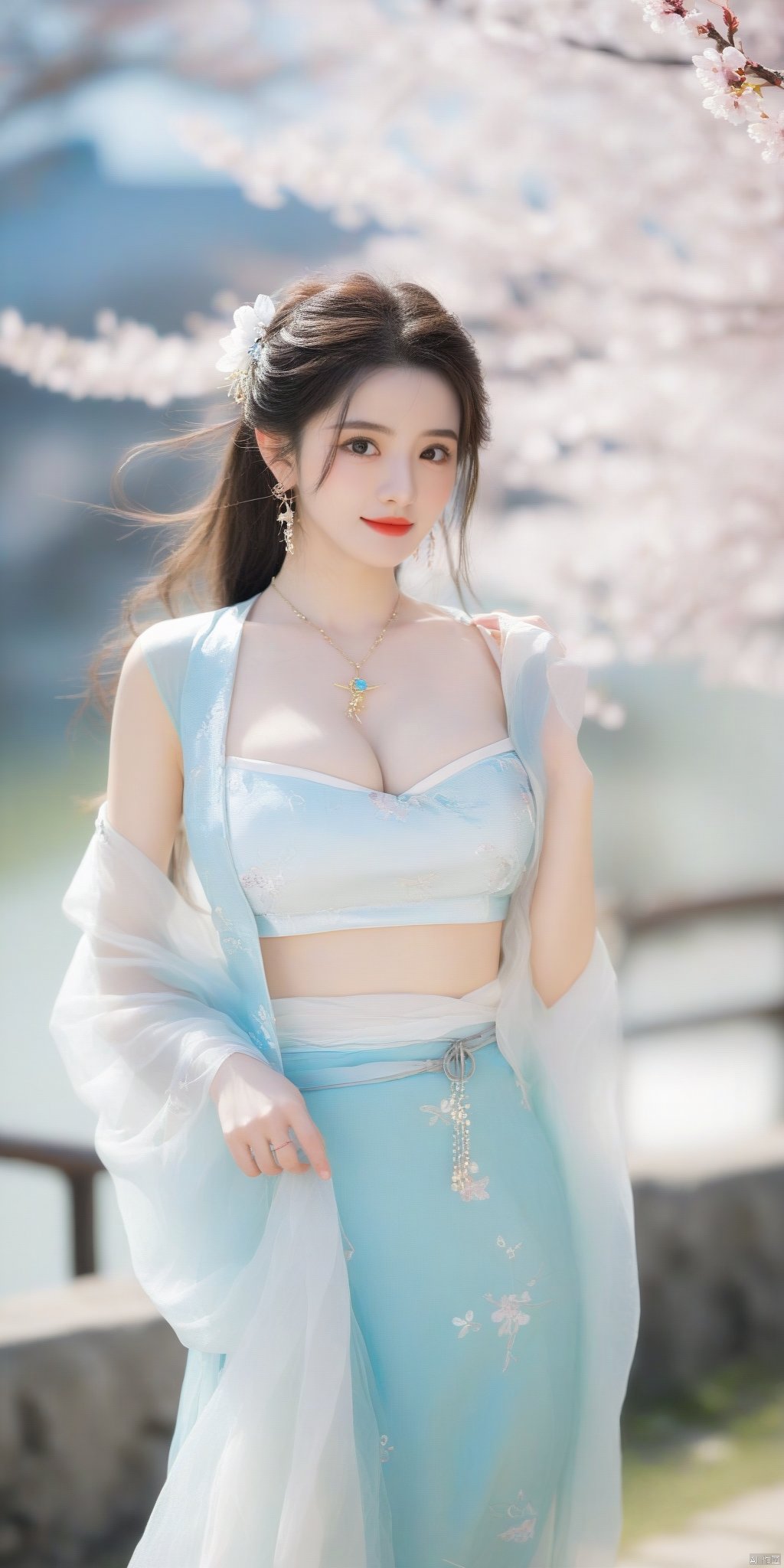  A girl,skirt,jewelry,long_hair,necklace,earrings,perfect body,standing,large breasts,looking at viewer,chinese clothes,china dress,hanfu,cherry_blossoms,in spring,sunny,sunny,wind,cloud,bright, nicehand