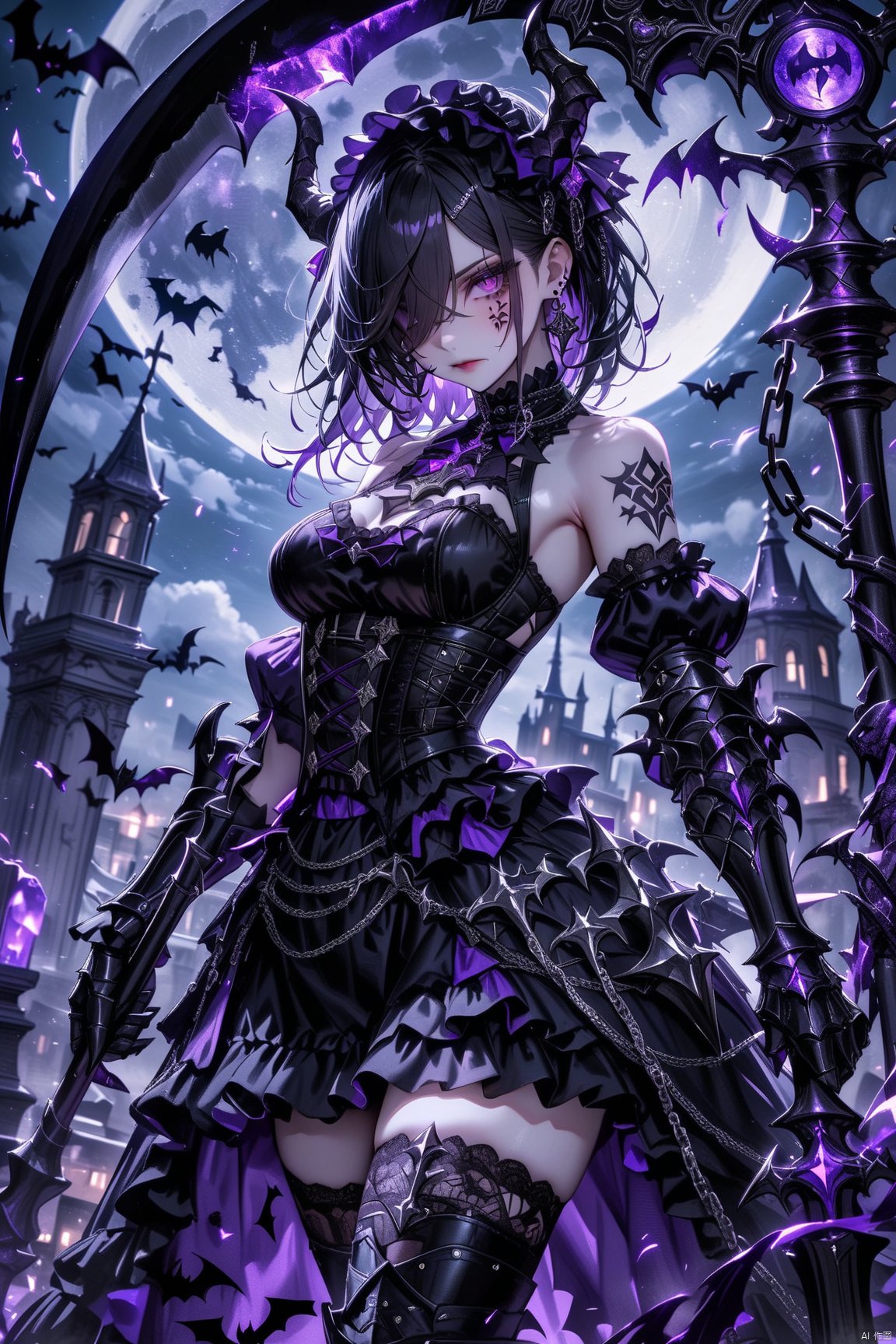  masterpiece, best quality, 1girl, solo, scythe, tattoo, holding, thighhighs, chain, purple eyes, holding weapon, holding scythe, looking at viewer, earrings, moon, weapon, breasts, armor, gauntlets, jewelry, bat \(animal\), bare shoulders, corset, black hair, gothic lolita, cowboy shot, dress, hair between eyes, sleeveless, facial tattoo, frills, black thighhighs, medium breasts, bangs, skirt, hair over one eye, lolita fashion, closed mouth, horns, facial mark, night, boots