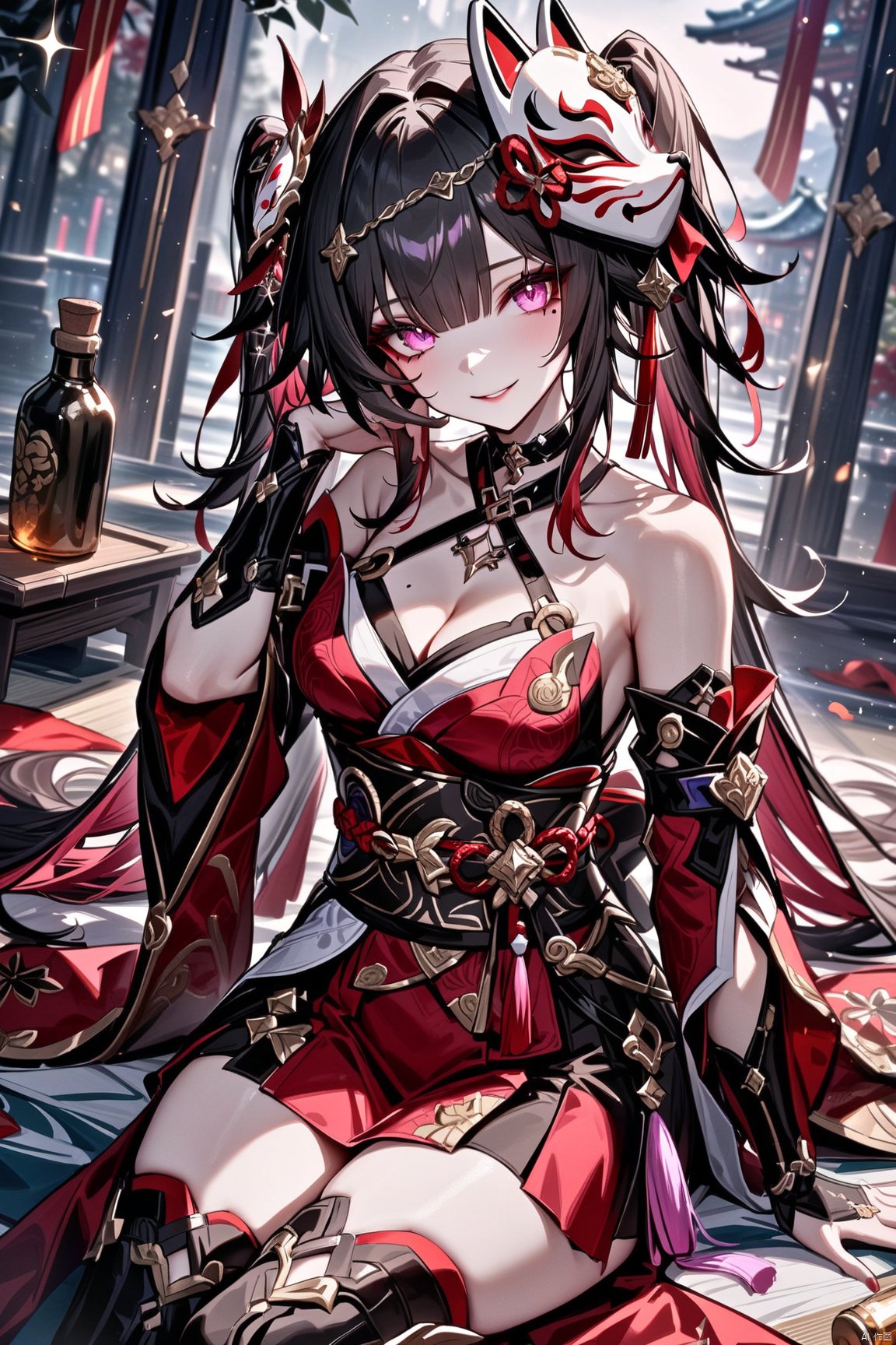  masterpiece, best quality, SPARKLE \(honkai: star rail\), 1girl, fox mask, mask on head, solo, mask, twintails, breasts, long hair, looking at viewer, black hair, bare shoulders, smile, cleavage, black choker, sitting, very long hair, dress, pink eyes, sash, choker, black sash, red dress, mole, detached sleeves, bottle, medium breasts, obi, halterneck, mole under eye, thighs, criss-cross halter