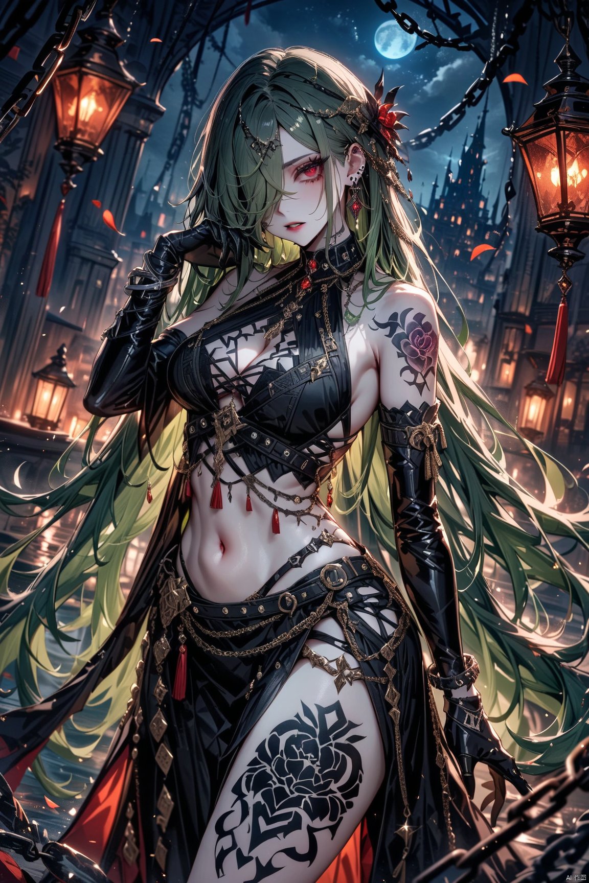  masterpiece, best quality, 1girl, green hair, long hair, tattoo, jewelry, red eyes, gloves, breasts, solo, hair over one eye, bracelet, looking at viewer, earrings, navel, midriff, black gloves, cleavage, elbow gloves, chain, bare shoulders, medium breasts, piercing, parted lips, very long hair, night, skirt, copyright