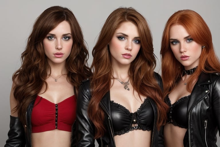 rock band formed by beautiful rocker girls (brunette, blonde and redhead), realistic and detailed faces