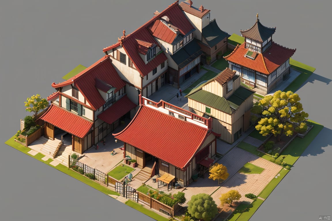The image shows a group of buildings in a Chinese style. The buildings are mostly two or three stories tall,  with green o...