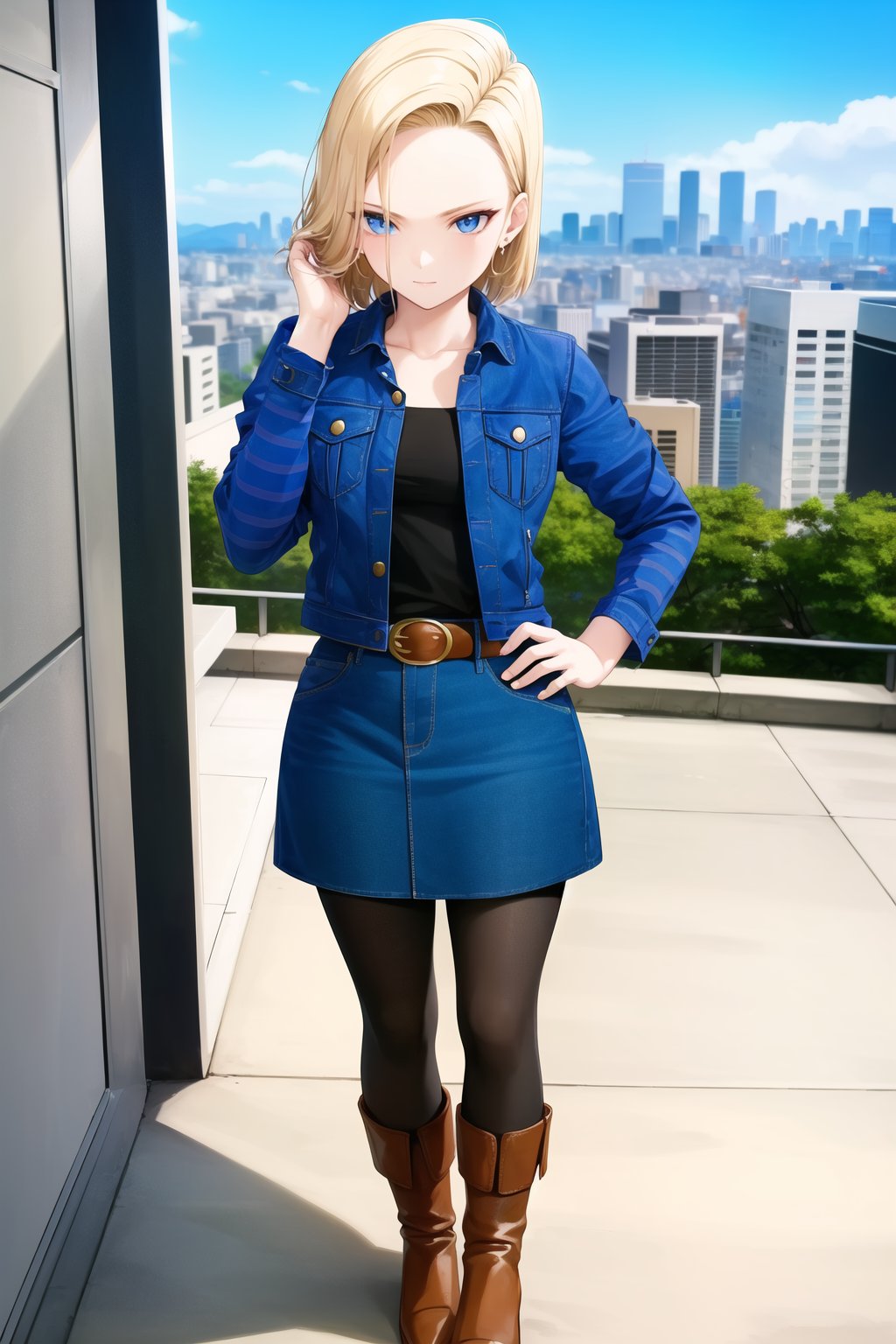 masterpiece, detailed face, android 18, 1girl, solo, looking at viewer, short hair, blue eyes, skirt, blonde hair, cityscape, skyscraper, shirt, long sleeves, city, jewelry, standing, jacket, full body, pantyhose, earrings, boots, belt, hand on hip, denim, hand in own hair, denim skirt, denim jacket, white sleeves, striped sleeves, black shirt