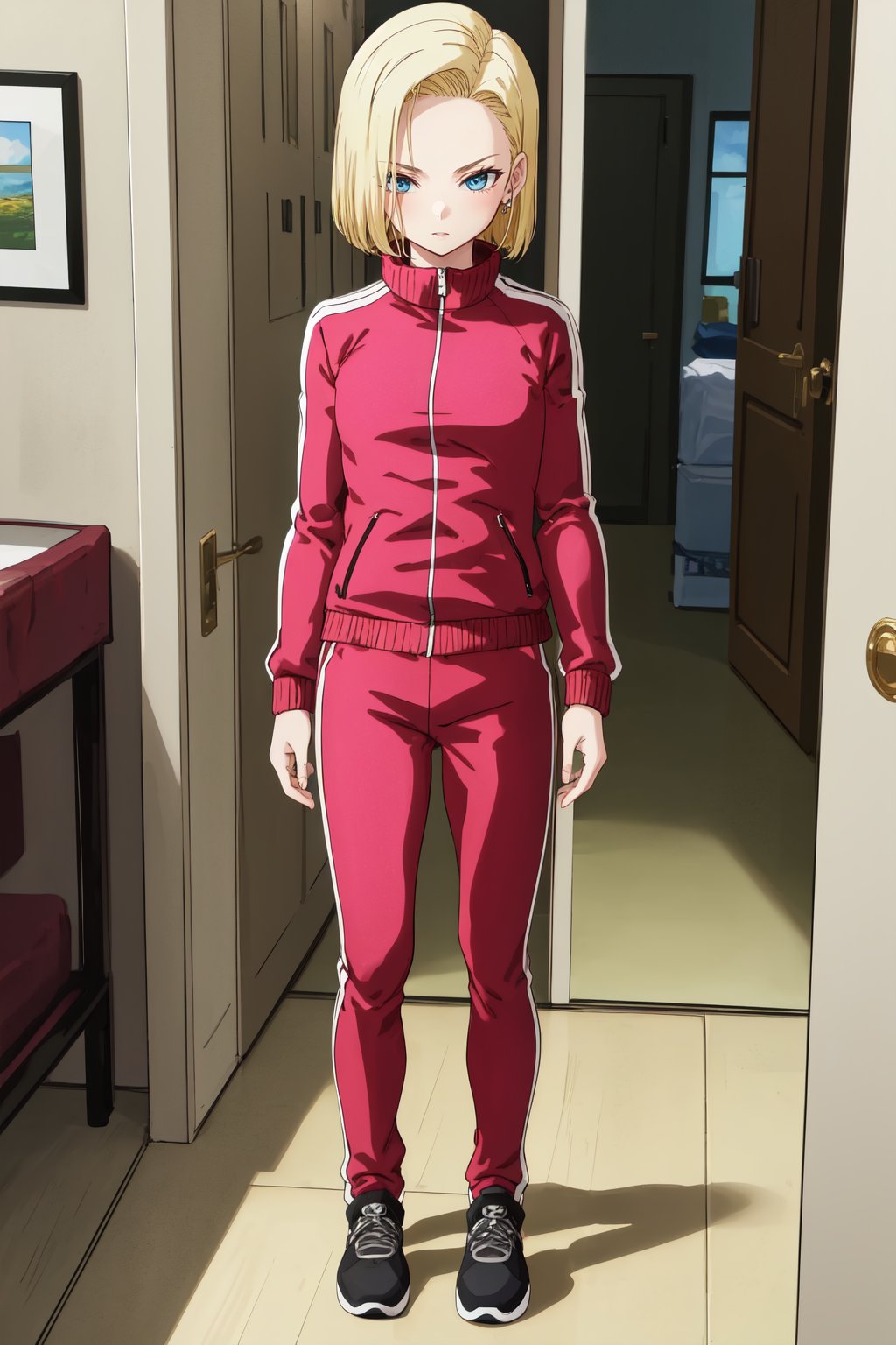 masterpiece, detailed face, android 18, 1girl, solo, looking at viewer, short hair, blue eyes, blonde hair, indoors, long sleeves, standing, jacket, full body, shoes, pants, black footwear, track jacket, pink jacket, track suit, track pants, pink pants 