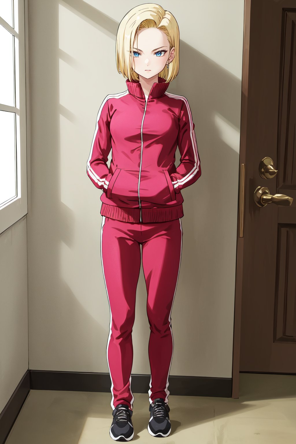 masterpiece, detailed face, android 18, 1girl, solo, looking at viewer, short hair, blue eyes, blonde hair, indoors, long sleeves, standing, jacket, full body, shoes, pants, black footwear, track jacket, pink jacket, track suit, track pants, pink pants 