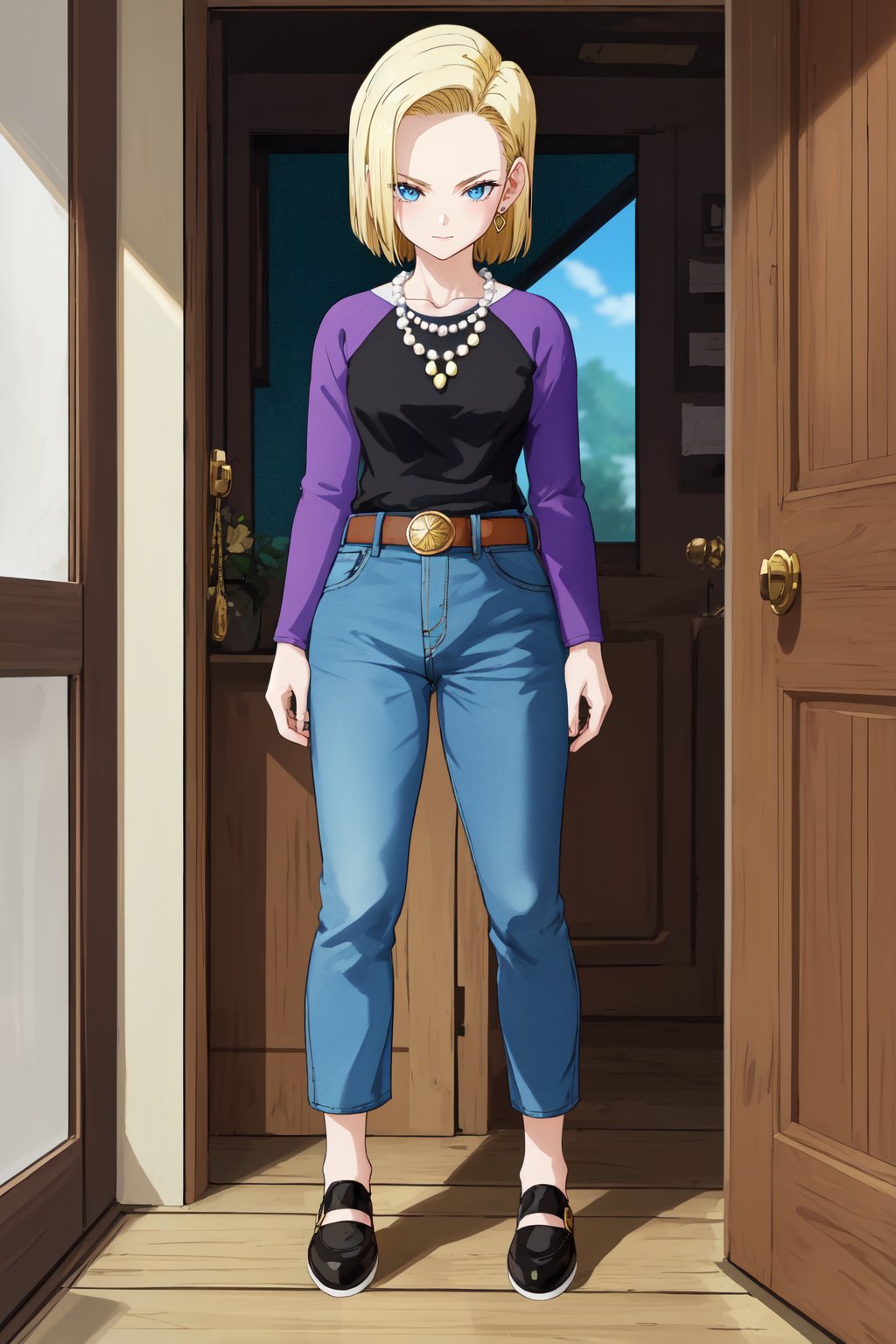 masterpiece, detailed face, android 18, 1girl, solo, looking at viewer, standing, short hair, blue eyes, blonde hair, indoors, jewelry, full body, earrings, belt, pants, black shoes, necklace, denim, jeans, black shirt, purple sleeves, raglan sleeves 