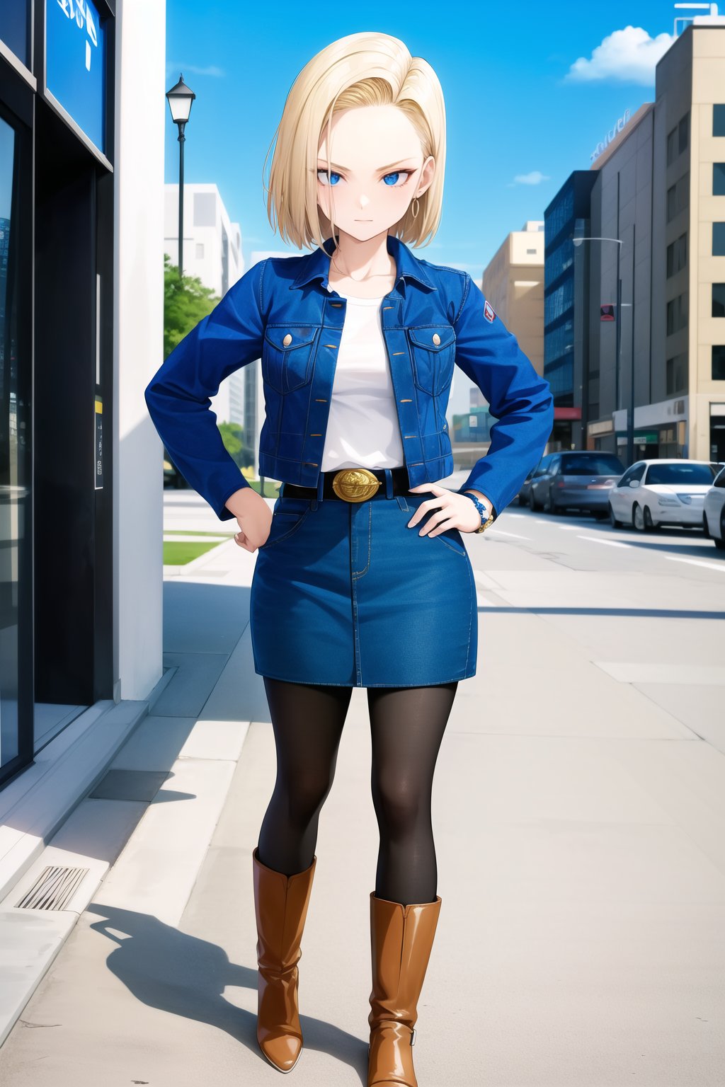 masterpiece, detailed face, android 18, 1girl, solo, looking at viewer, short hair, blue eyes, skirt, blonde hair, cityscape, skyscraper, shirt, long sleeves, city, jewelry, standing, jacket, full body, pantyhose, earrings, boots, belt, hand on hip, denim, hand in own hair, denim skirt, denim jacket, white sleeves, striped sleeves, black shirt