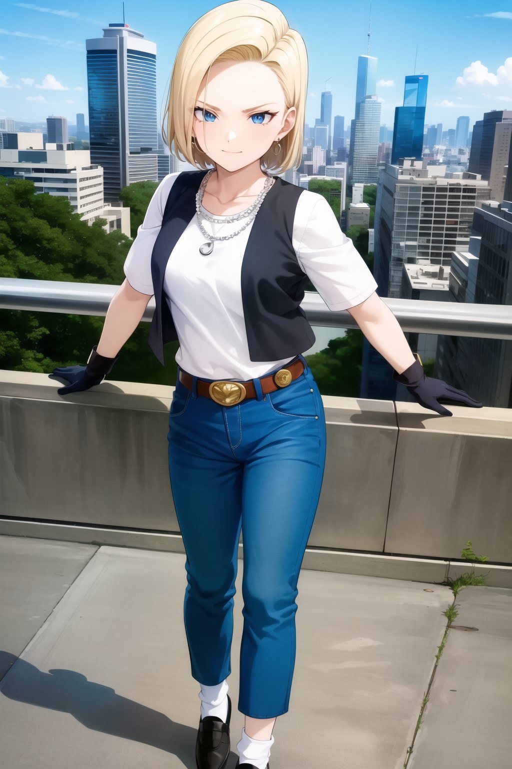 masterpiece, detailed face, android 18, 1girl, solo, looking at viewer, smile, short hair, blue eyes, blonde hair, city, retro artstyle, cityscape, skyscraper, shirt, gloves, jewelry, standing, collarbone, full body, white shirt, earrings, black gloves, belt, pants, necklace, denim, watch, orange socks, open black vest