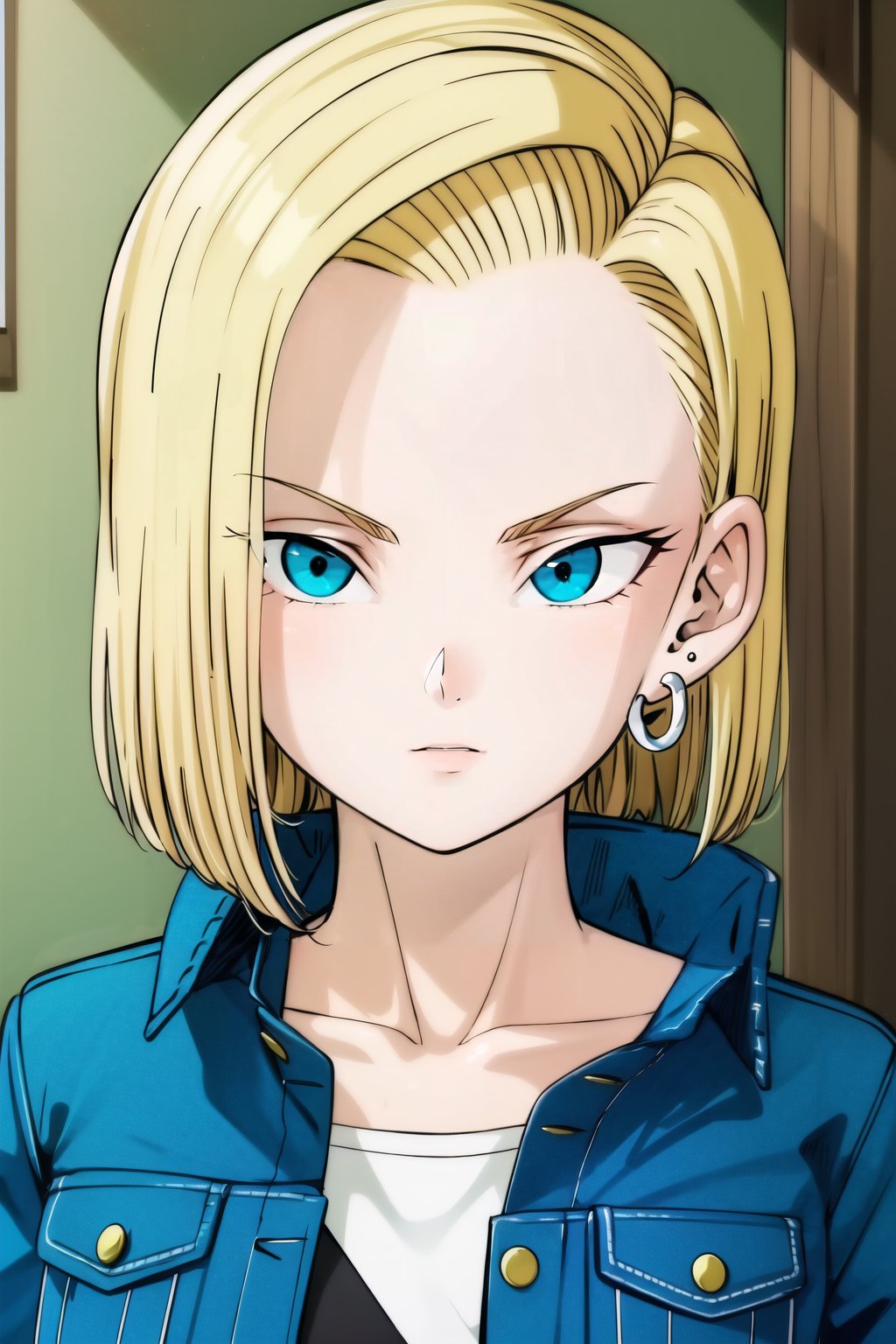 masterpiece, detailed face, android 18,1girl, solo
looking at viewer, short hair, blue eyes, blonde hair, indoors, shirt, jewelry, closed mouth, collarbone, jacket, upper body, earrings, black shirt, denim, blue jacket, portrait, striped sleeves, white sleeves, denim jacket