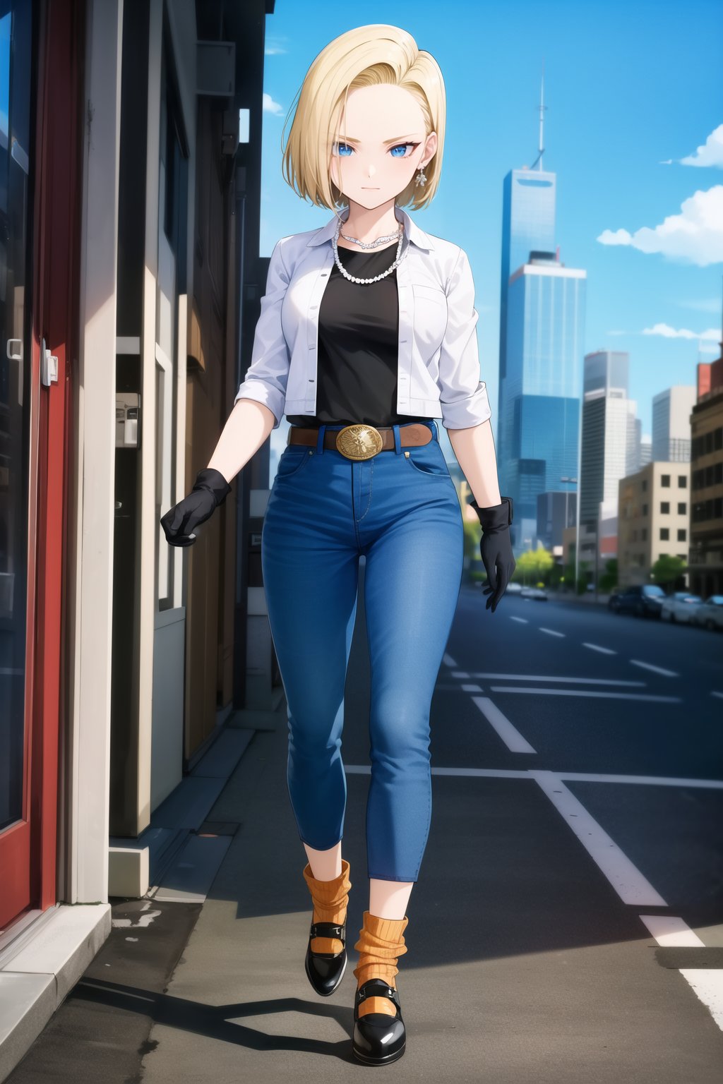 masterpiece, detailed face, android 18, 1girl, solo, looking at viewer, smile, short hair, blue eyes, blonde hair, city, retro artstyle, cityscape, skyscraper, shirt, gloves, jewelry, standing, collarbone, full body, white shirt, earrings, black gloves, belt, pants, necklace, denim, watch, orange socks, open black vest