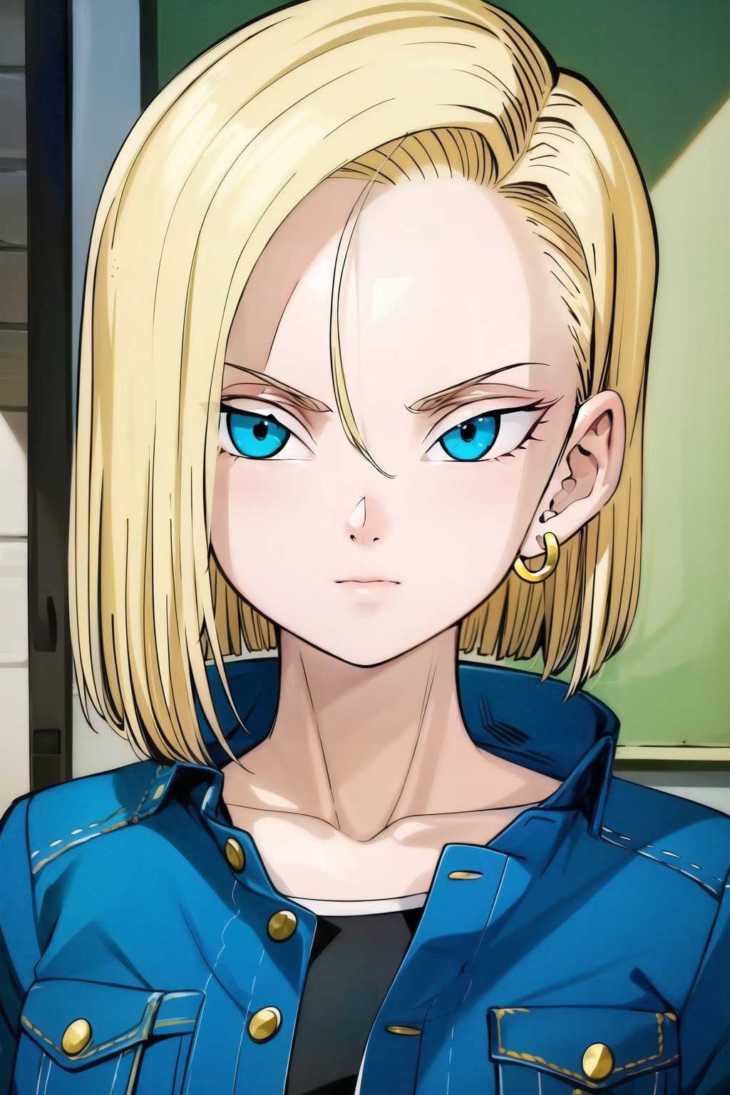 masterpiece, detailed face, android 18,1girl, solo
looking at viewer, short hair, blue eyes, blonde hair, indoors, shirt, jewelry, closed mouth, collarbone, jacket, upper body, earrings, black shirt, denim, blue jacket, portrait, denim jacket