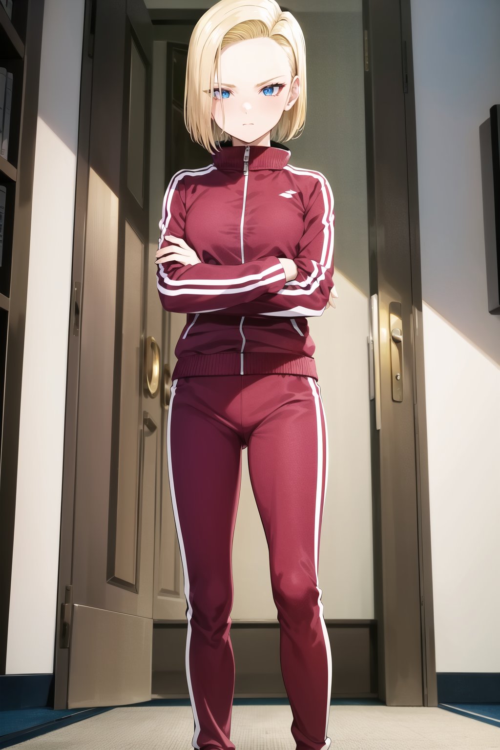 masterpiece, detailed face, android 18, 1girl, solo, short hair, blue eyes, blonde hair, indoors, long sleeves, standing, jacket, full body, shoes, pants, black footwear, crossed arms, track jacket, pink jacket, track suit, track pants, pink pants