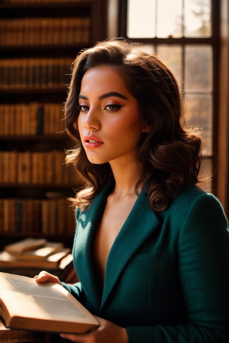 HQ photography, closeup portrait, sharp focus, bokeh background, high contrast, In a serene, cinematic setting, a lovely, young woman, reminiscent of Angeline, sits in an antique university library, looking at the book, Degas-like attention to detail captures every curl and curve of her body. In the background, an antique library full of books and ladders is bathed by the afternoon sun rays, creating a sense of depth and atmosphere. The overall effect is stunning, with cinematic flair, masterpiece, shines brightly on ArtStation, trending for all to admire.,dark academia outfit, brown teal color palette, Rembrandt Lighting Style,darkacademia,photorealistic,tweed blazer, collar shirt, beret,Kodak Motion Picture Film Style,Isabela Merced