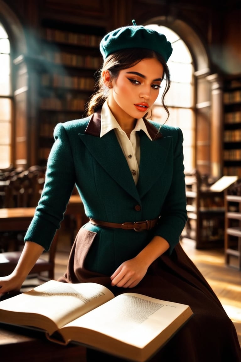 HQ photography, closeup portrait, sharp focus, bokeh background, high contrast, In a serene, cinematic setting, a lovely, young woman, reminiscent of Angeline, sits in an antique university library, looking at the book, Degas-like attention to detail captures every curl and curve of her body. In the background, an antique library full of books and ladders is bathed by the afternoon sun rays, creating a sense of depth and atmosphere. The overall effect is stunning, with cinematic flair, masterpiece, shines brightly on ArtStation, trending for all to admire.,dark academia outfit, brown teal color palette, Rembrandt Lighting Style,darkacademia,photorealistic,tweed blazer, collar shirt, beret,Kodak Motion Picture Film Style,Isabela Merced