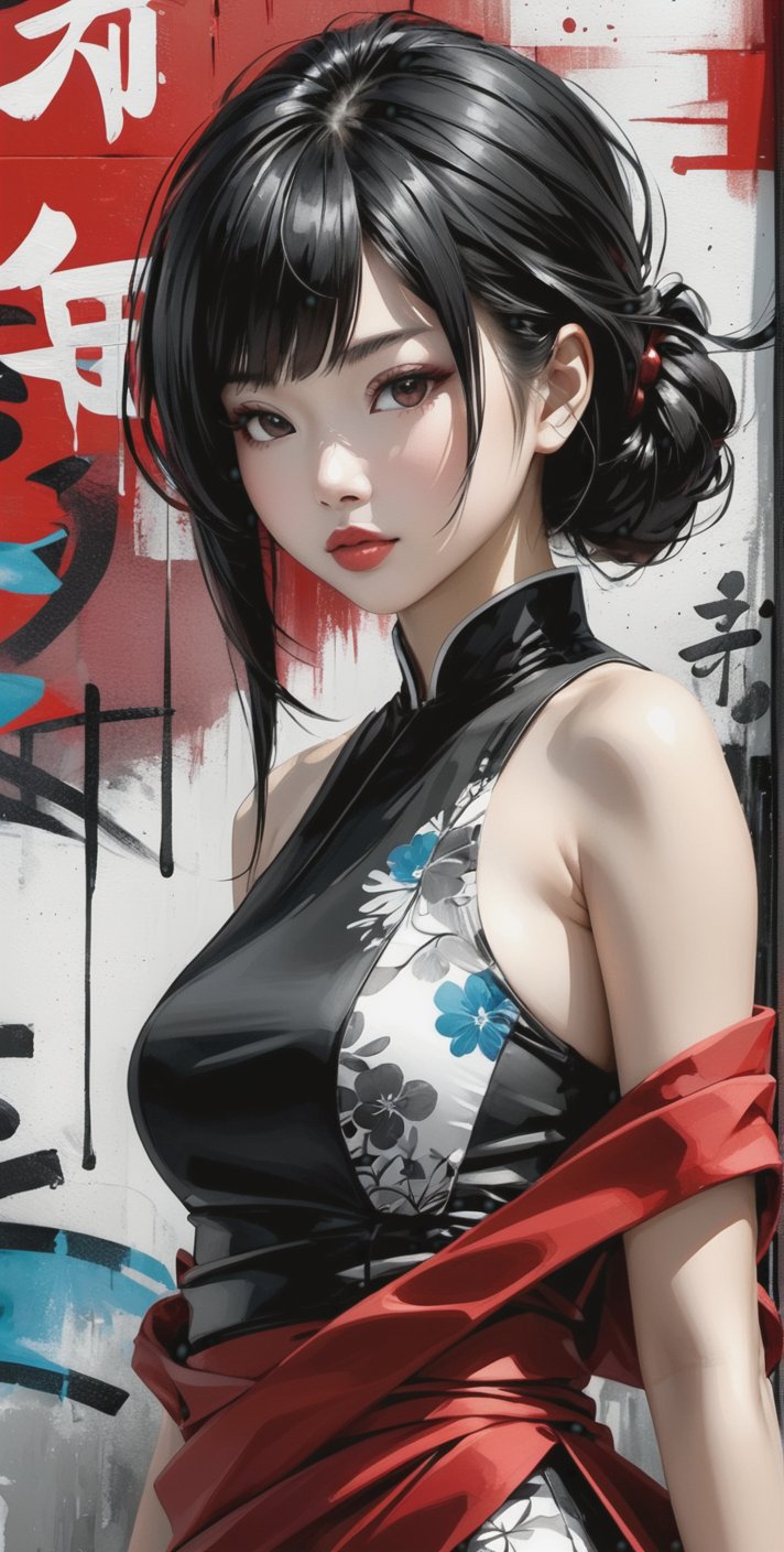 aesthetic, 2 tone, black and white, simplified shapes, figurative, style mix of acrylic painting, watercolor, oil painting, photography, digital art, brush strokes, dark red color pop, a gorgeous young asian girl, highly detailed , ultra detailed, very intricate, low poly, abstract surreal, Kanji , Katakana , niji style, graffiti style, comics style,