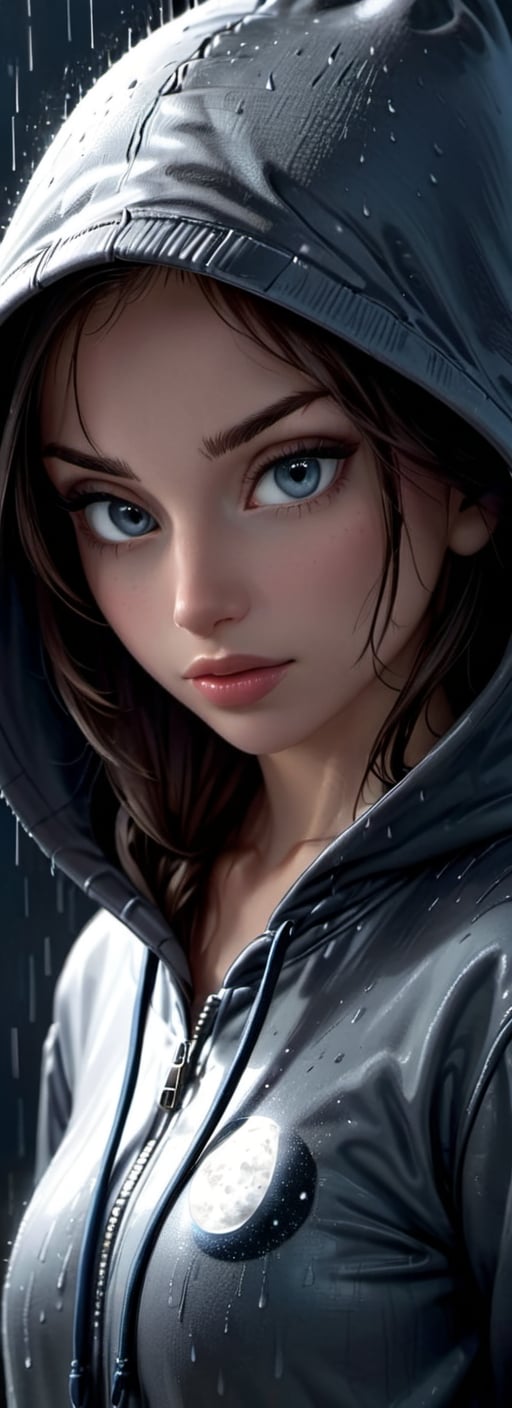 A girl in a hoodie on a rainy night, rim light from moon light, ominous weather and atmosphere, captivating, minimalistic, close up portrait, hoodie casts a shadow over face, mysterious, dark background, sophistication, silhouette, expressive, dynamic pose, ambiance, intrigue and suspense, illustration, digital art, hyperrealism