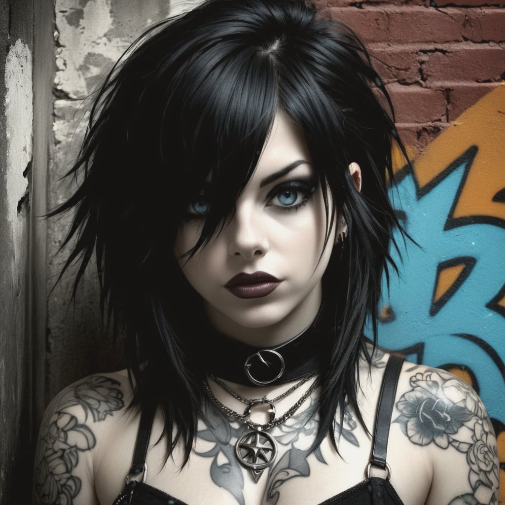 Portrait of a female rocker, expressive eyes, tattoos, attitude, sultry, pictorialism, dystopian, grim dark, goth, chiaroscuro, contrast, surrealism, gritty background, , grunge, graffiti