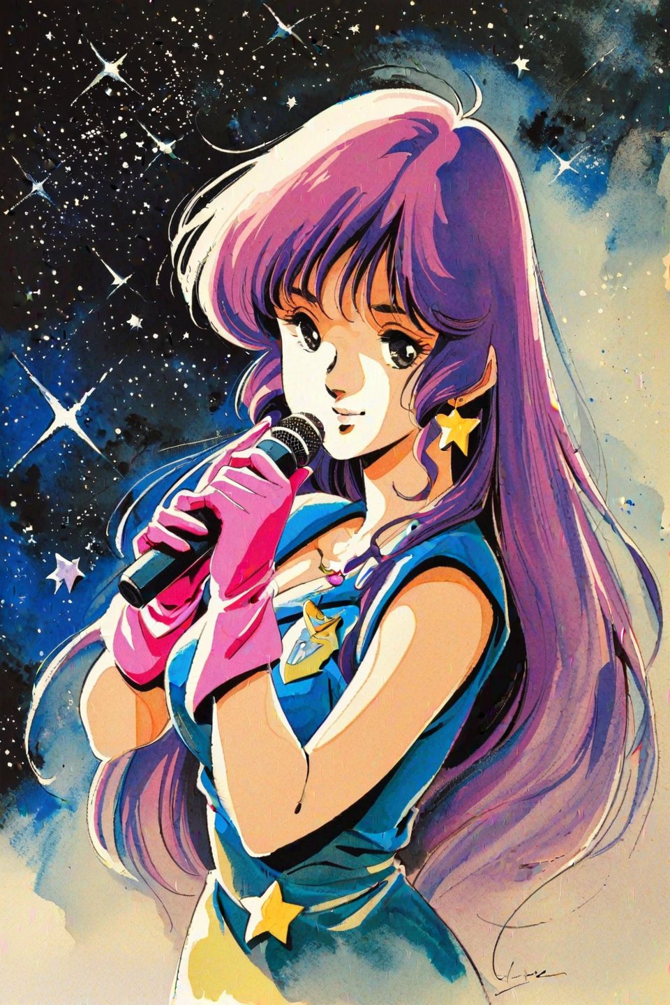 Lynn Minmay,1girl,solo,long hair,purple hair,microphone,gloves,jewelry,earrings,retro artstyle,1980s (style),holding,space,black eyes,looking at viewer,holding microphone,light smile,upper body,star (symbol),pink gloves,star (sky),very long hair,traditional media,watercolor medium,,