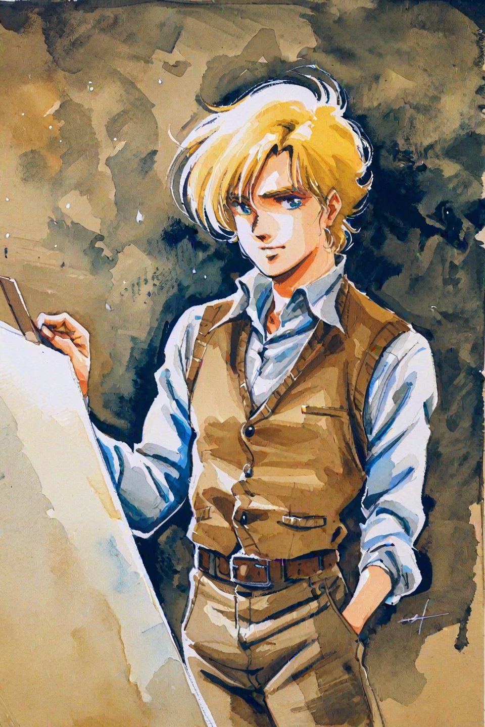 solo, blonde hair, male focus, 1boy, blue eyes, vest, watercolor, painting, traditional media, pants, long sleeves, short hair, retro artstyle, shirt, belt, traditional media, watercolor