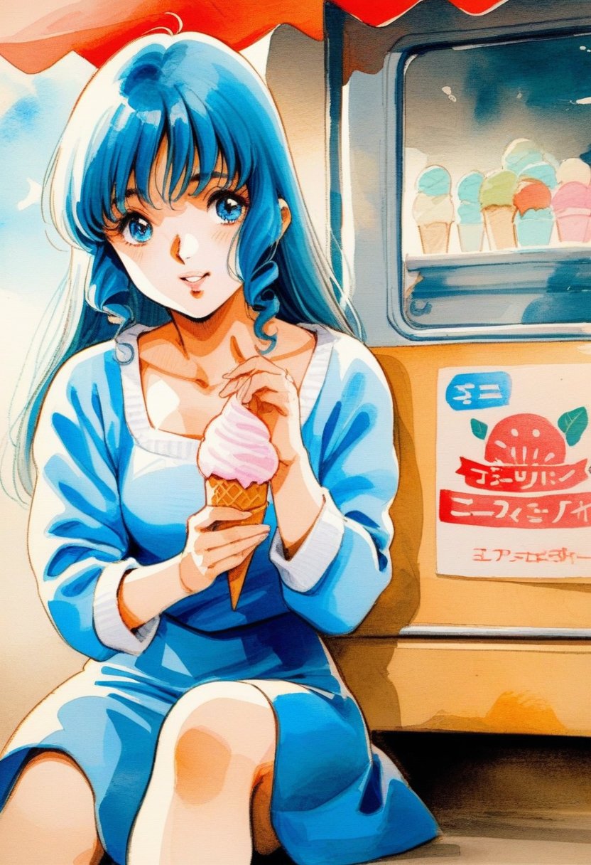 Lynn Minmay,1girl, solo, blue eyes, ice cream cone, sitting beside an ice cream truck, masterpiece, the best quality, very aesthetic, absurdres  traditional media, watercolor