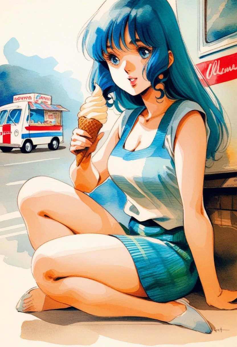 Lynn Minmay,1girl, solo, ice cream cone, sitting beside an ice cream truck, masterpiece, the best quality, very aesthetic, absurdres  traditional media, watercolor