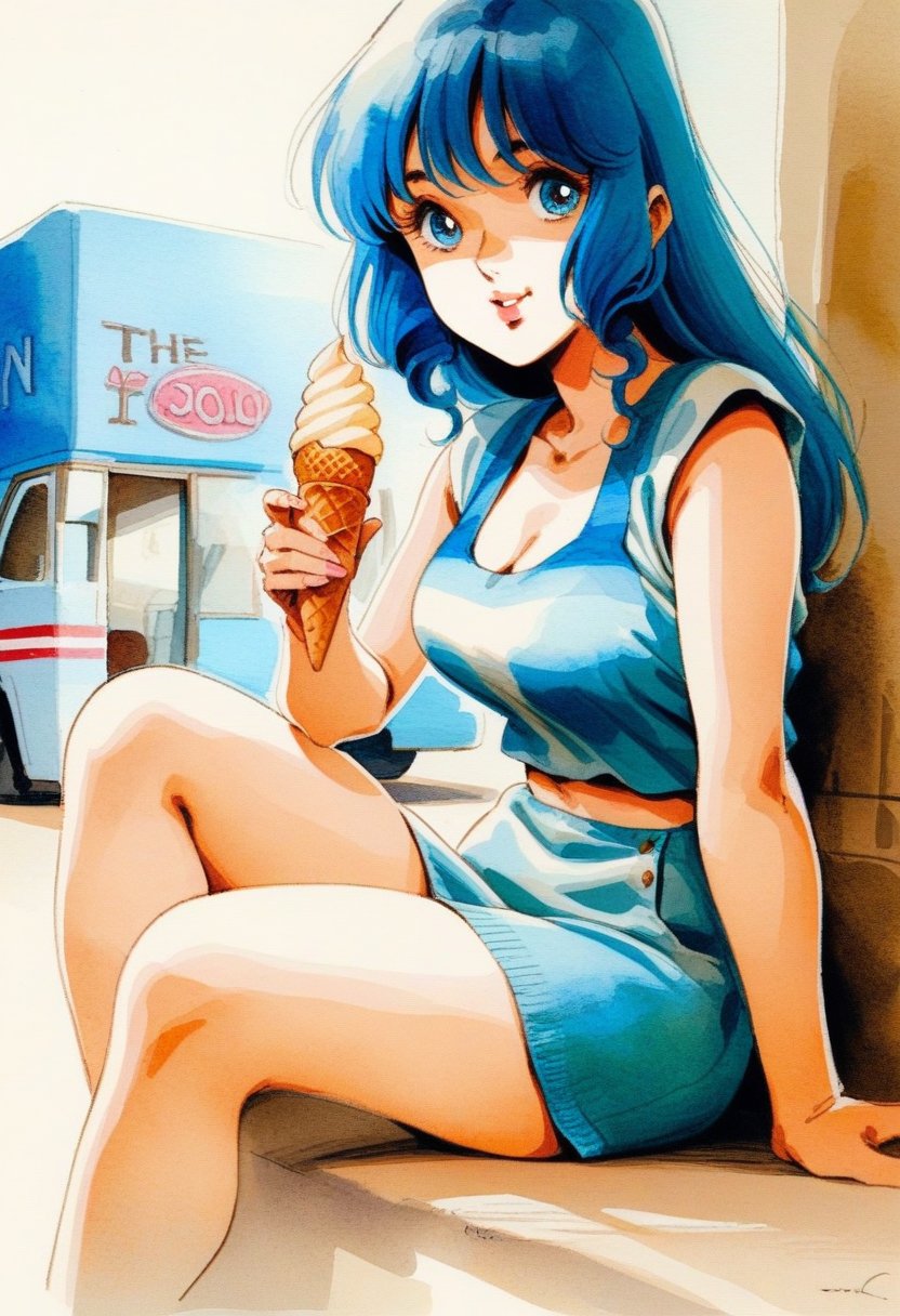 Lynn Minmay,1girl, solo, blue eyes, ice cream cone, sitting beside an ice cream truck, masterpiece, the best quality, very aesthetic, absurdres  traditional media, watercolor