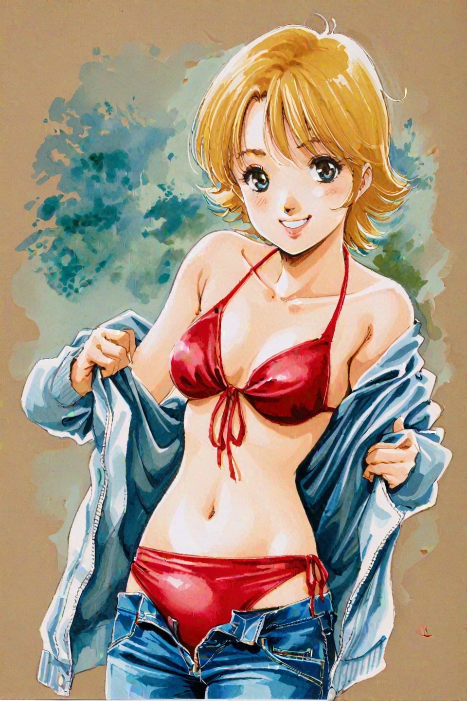 1girl,solo,swimsuit,bikini,shorts,red bikini,denim,unzipped,short hair,water,undressing,front-tie top,denim shorts,smile,open fly,blonde hair,traditional media,,