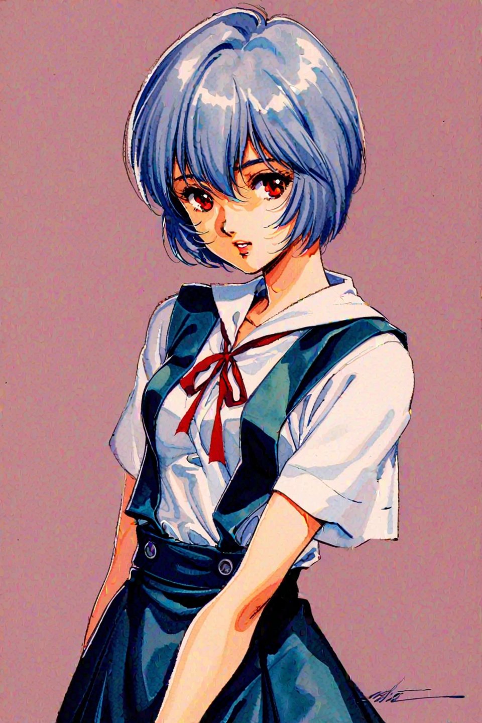 1girl,ayanami rei,solo,red eyes,short hair,school uniform,blue hair,tokyo-3 middle school uniform,signature,short sleeves,hair between eyes,suspender skirt,purple background,bangs,purple theme,shirt,cowboy shot,looking to the side,skirt,white shirt,looking at viewer,parted lips,suspenders,traditional media,watercolor 