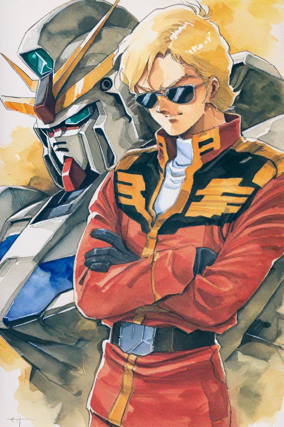 1boy,mecha,blonde hair,robot,male focus,uniform,gundam,gloves,sunglasses,military,crossed arms,military uniform,belt,white background,red pants,solo,traditional media,watercolor