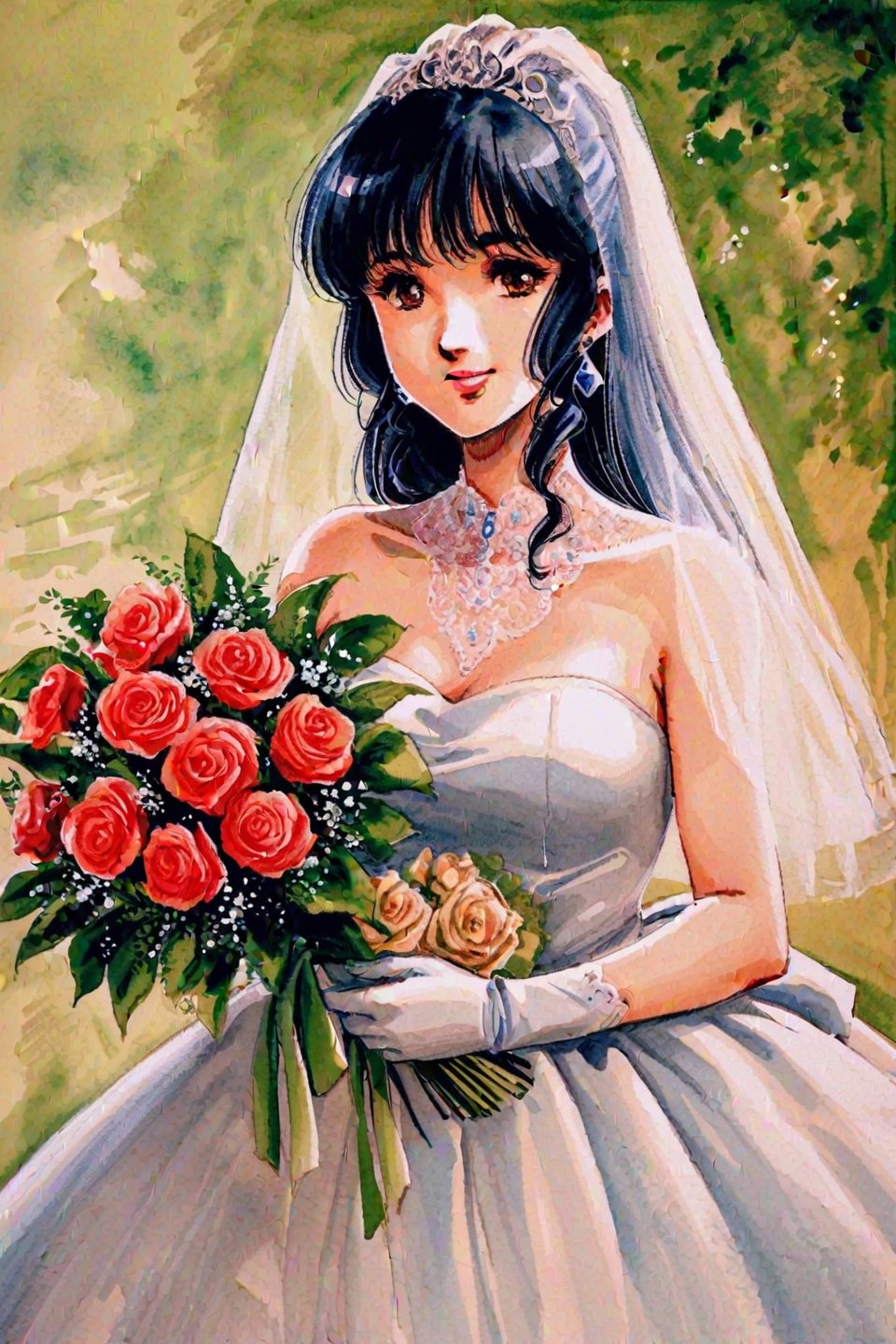 Lynn Minmay, 1girl,dress,flower,wedding dress,veil,bouquet,gloves,black hair,bride,bridal veil,earrings,jewelry,brown eyes,traditional media,watercolor