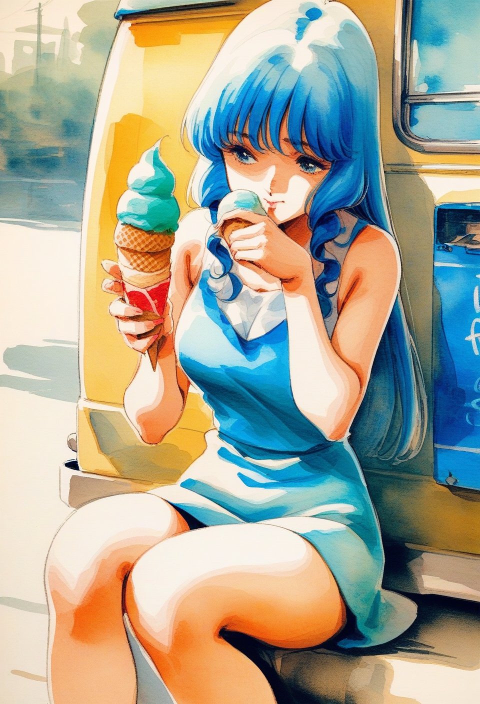 Lynn Minmay,1girl, solo, ice cream cone, sitting beside an ice cream truck, masterpiece, the best quality, very aesthetic, absurdres  traditional media, watercolor