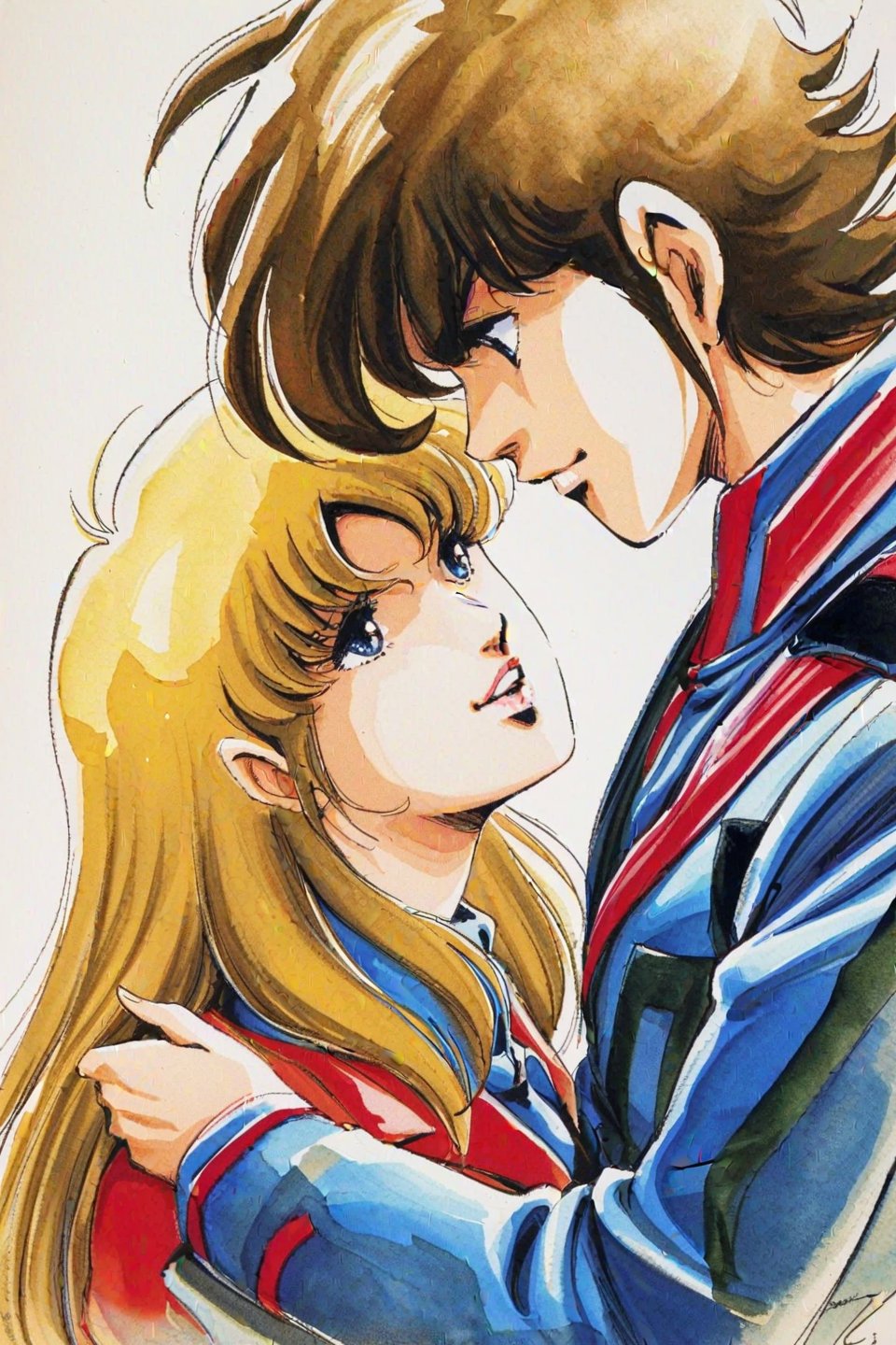 Itizyou Hikaru,Misa Hayase,1girl,1boy,hetero,couple,1980s style, long hair,blonde hair,uniform,retro artstyle,military,military uniform,brown hair,blue eyes,looking at another,imminent kiss,traditional media,watercolor