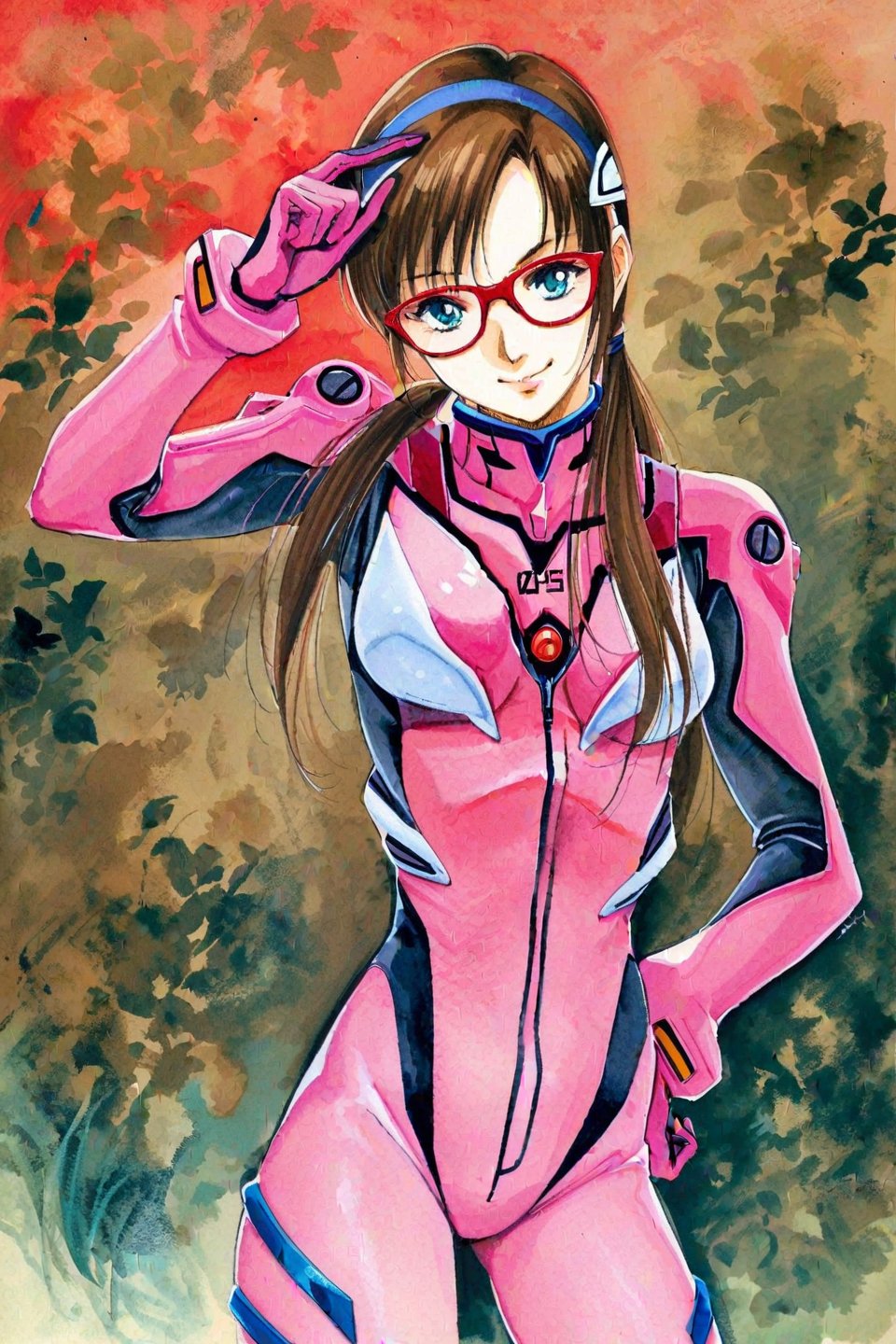 1girl,makinami mari illustrious,plugsuit,solo,glasses,pink bodysuit,bodysuit,long hair,blue eyes,twintails,standing,hand on own hip,brown hair,hairband,adjusting eyewear,smile,red-framed eyewear,traditional media,watercolor