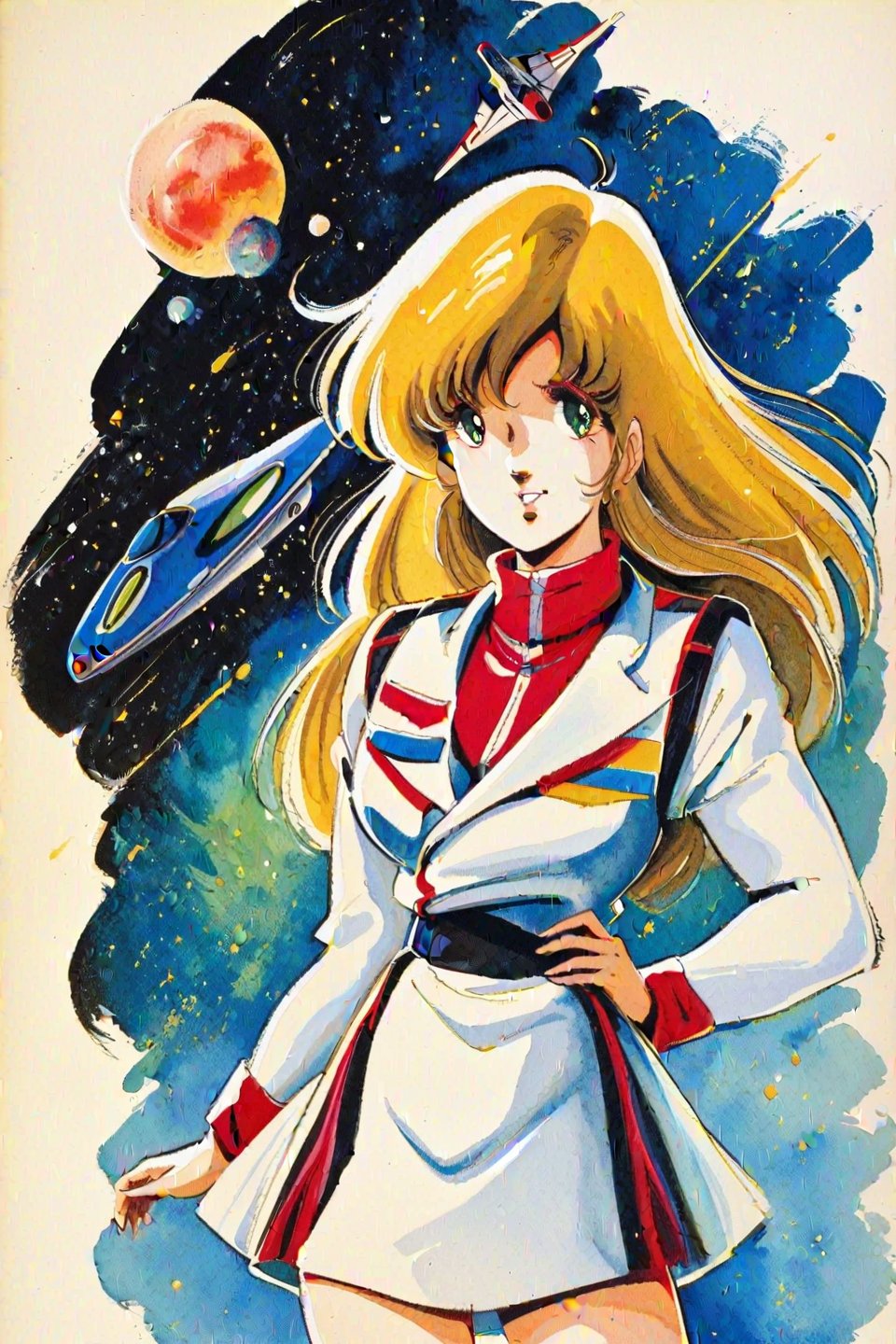 Misa Hayase,1girl,solo,blonde hair,long hair,green eyes,1980s style,cowboy shot,looking at viewer,white uniform,military uniform,white skirt,starfighter,retro artstyle,traditional media,watercolor